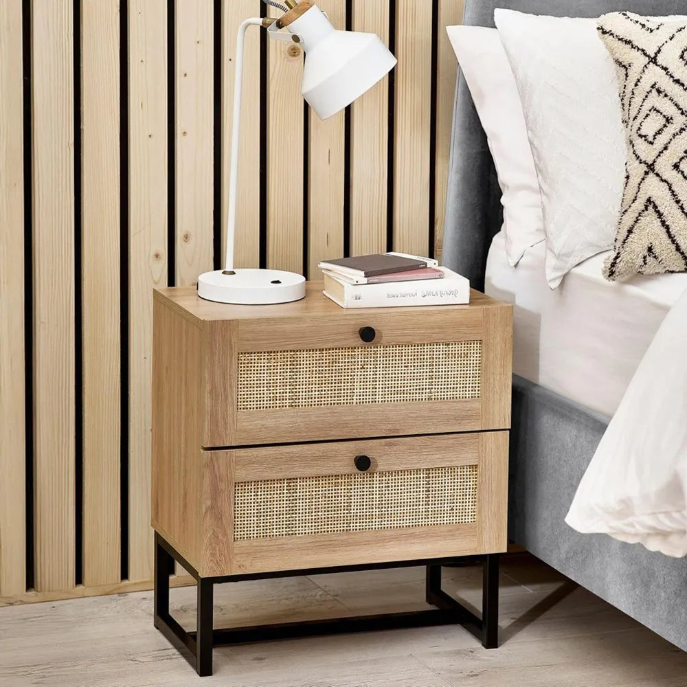 Clermont Oak Wood & Rattan Bedside Table