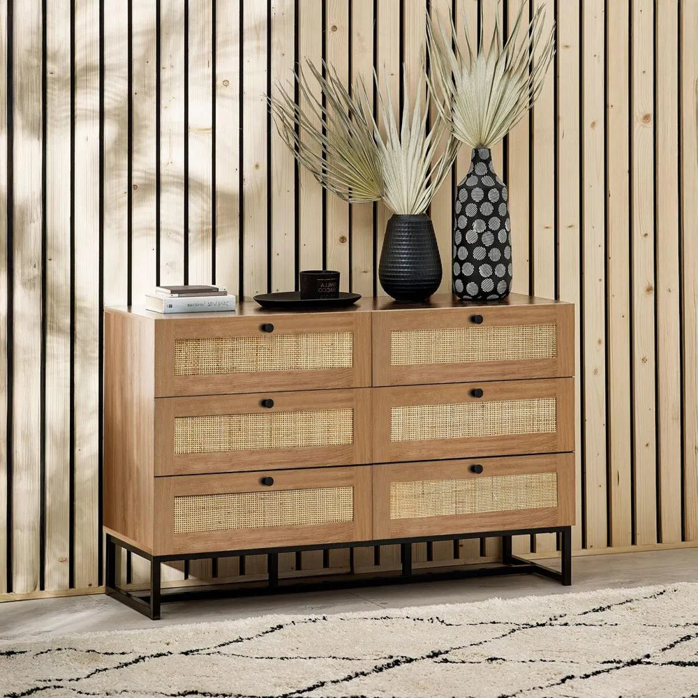 Clermont Oak Wood & Rattan Chest of Drawers | 6 Drawers