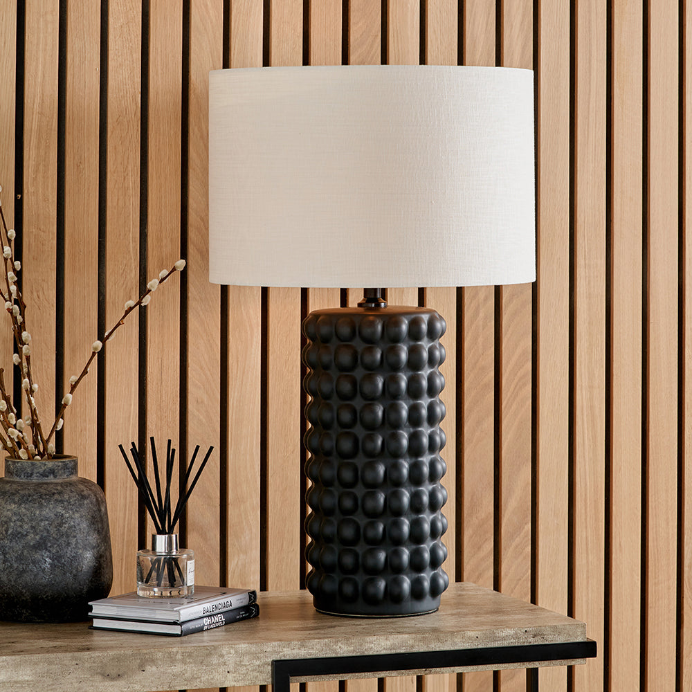 Sohan Black Bobbled Ceramic Tall Table Lamp with Lino 40cm White Self Lined Linen Drum Shade