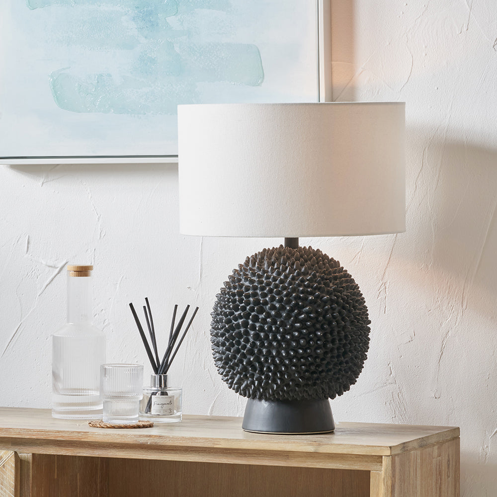 Wrenley Black Ceramic Sea Urchin Table Lamp with Henry 35cm White Handloom Cylinder Shade