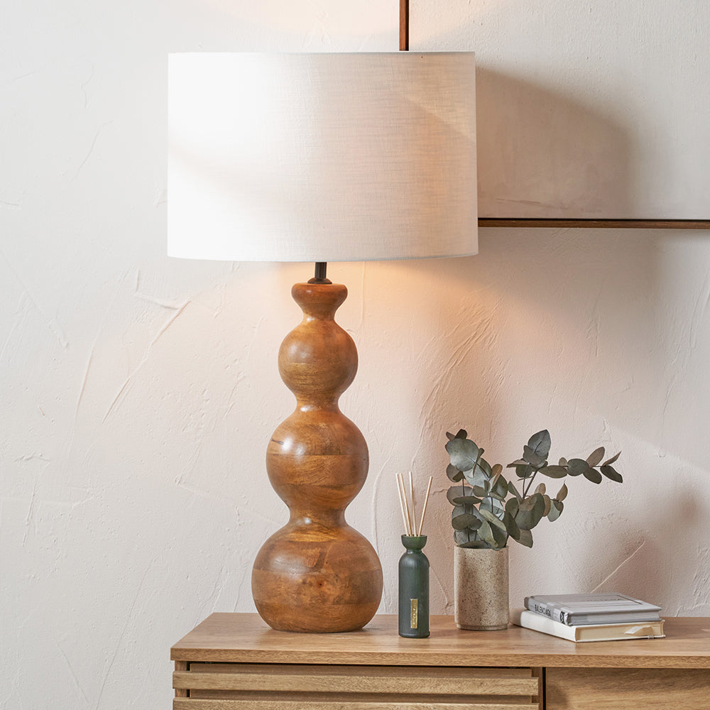 Nyari Brown Oiled Finish Mango Wood 3 Ball Table Lamp with White Linen Shade