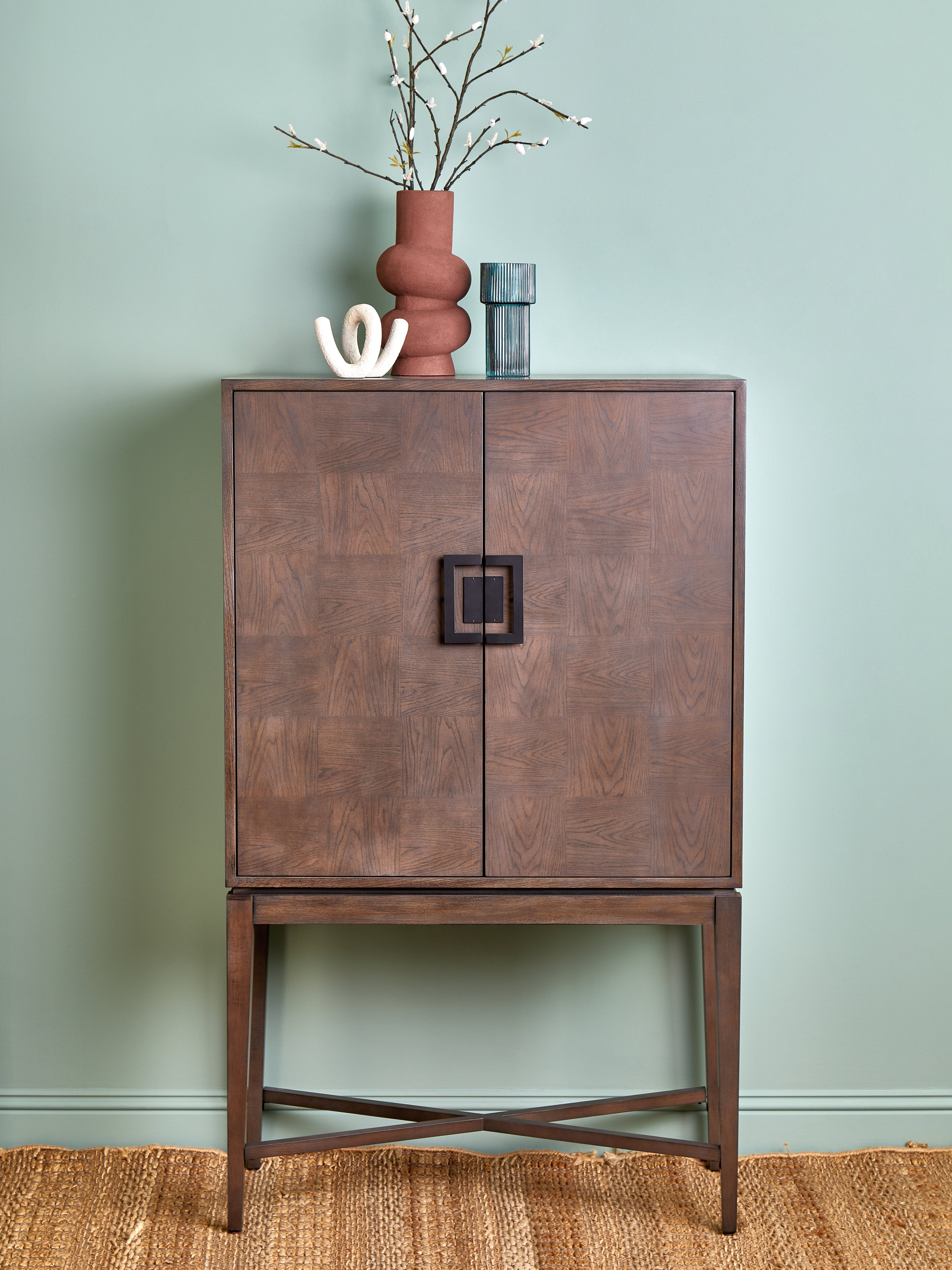 Jetta Checkered Antique Grey Elm Wood Cabinet