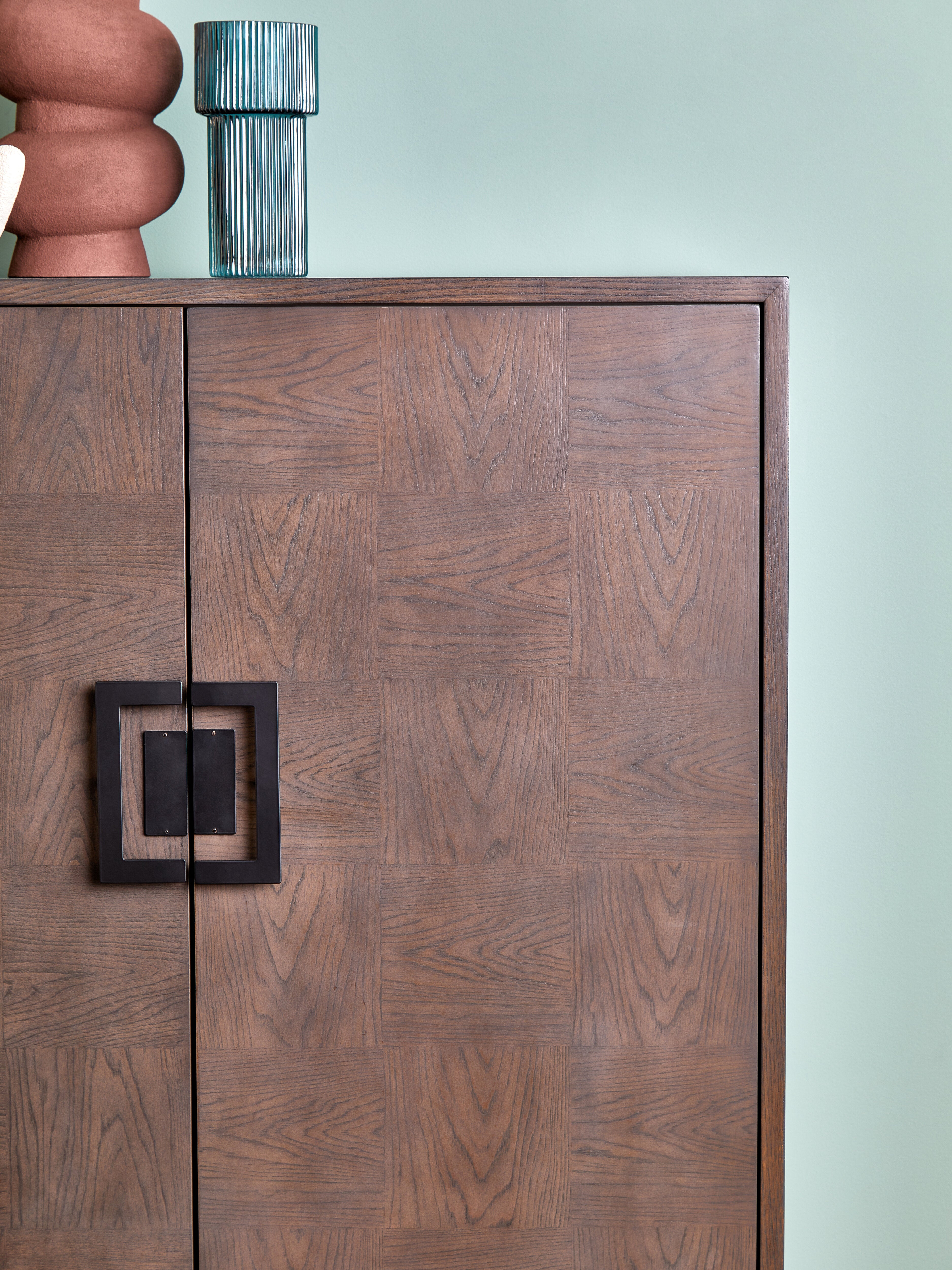 Jetta Checkered Antique Grey Elm Wood Cabinet