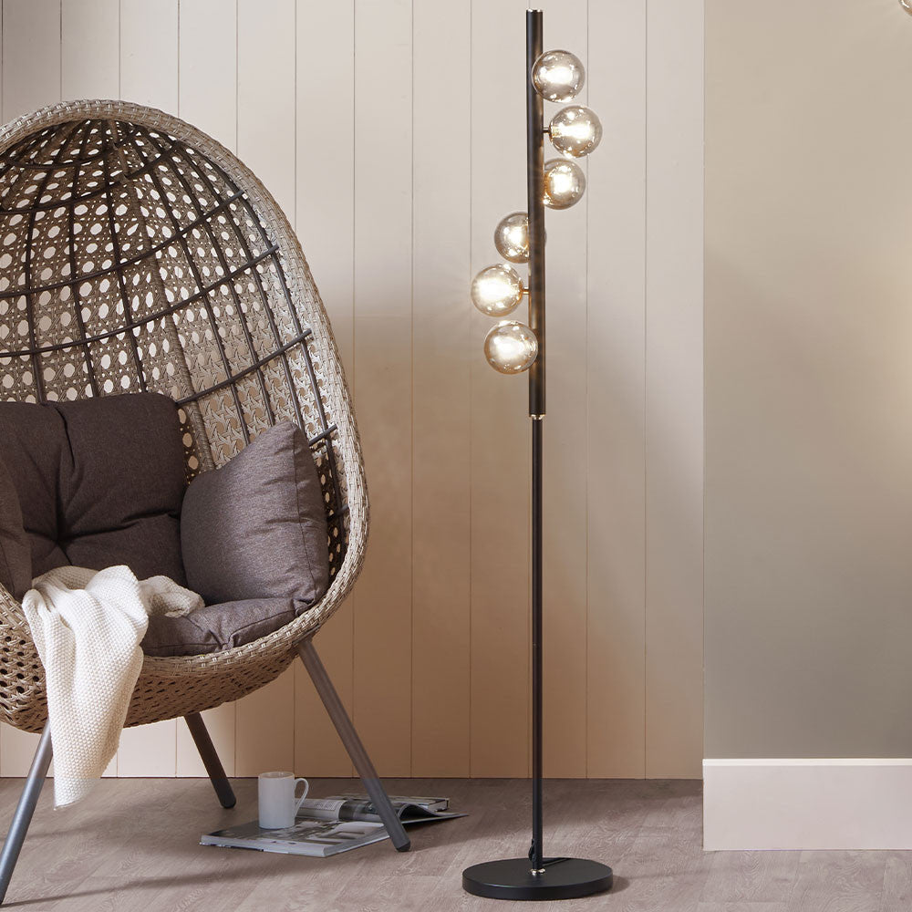 Blair Smoke Glass Ball & Black Metal Floor Lamp