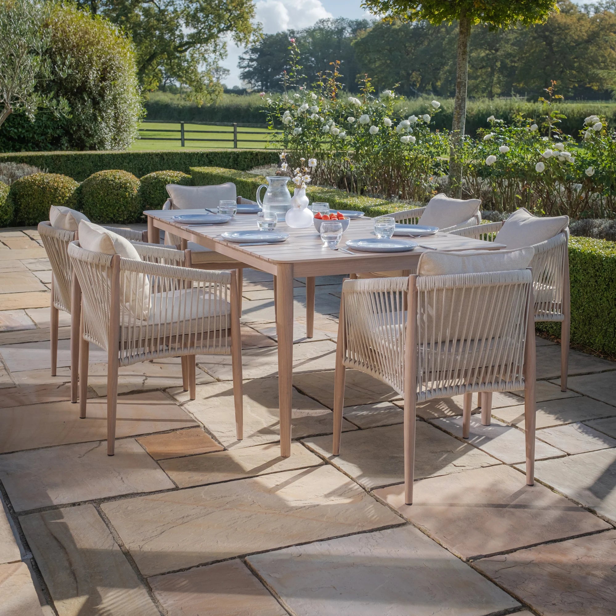 Havana Natural Linen Rectangular Outdoor Dining Set | 6 Seater