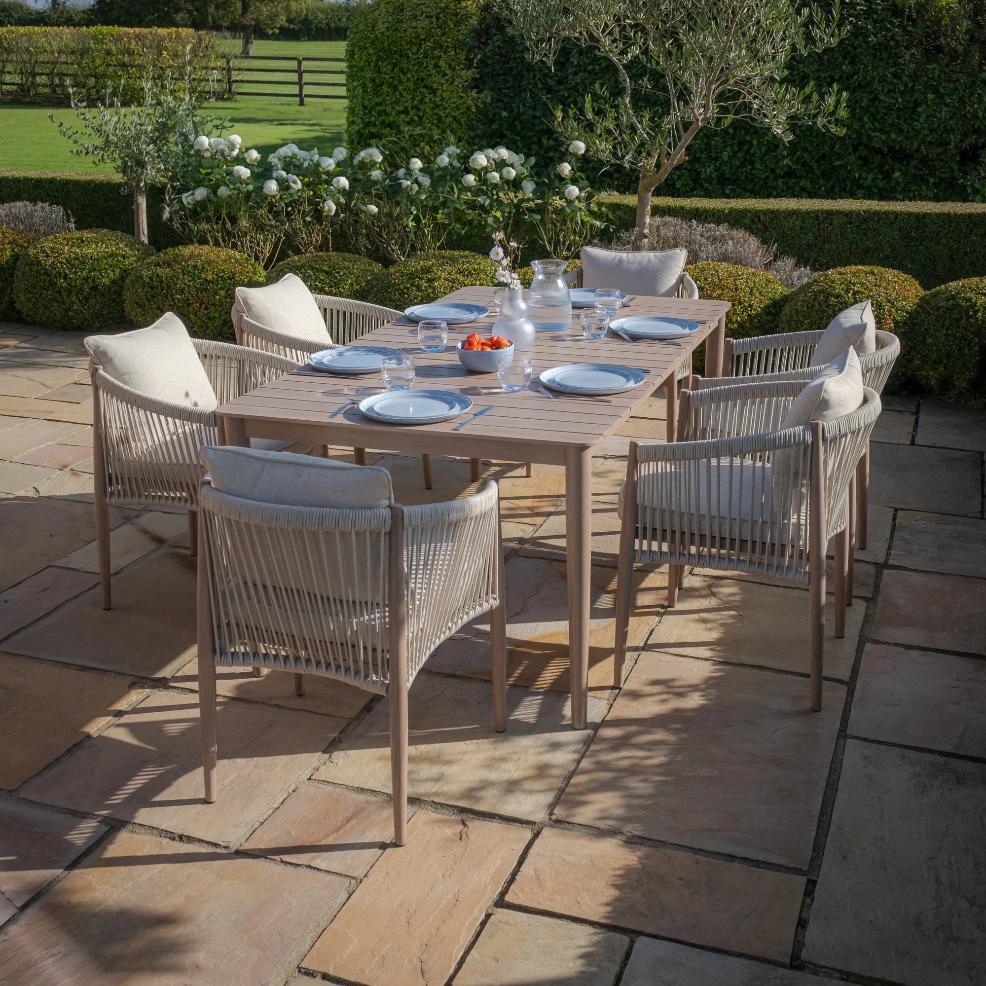 Havana Natural Linen Rectangular Outdoor Dining Set | 6 Seater
