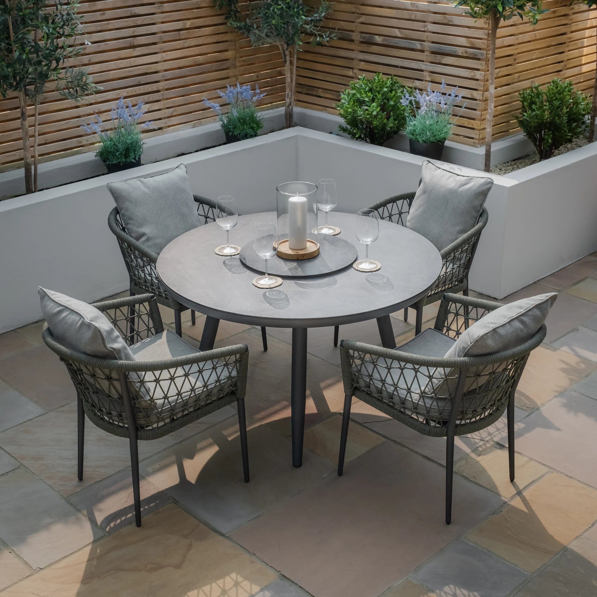 Monaco Ivy Green Round Outdoor Dining Set with Lazy Susan | 4 Seater
