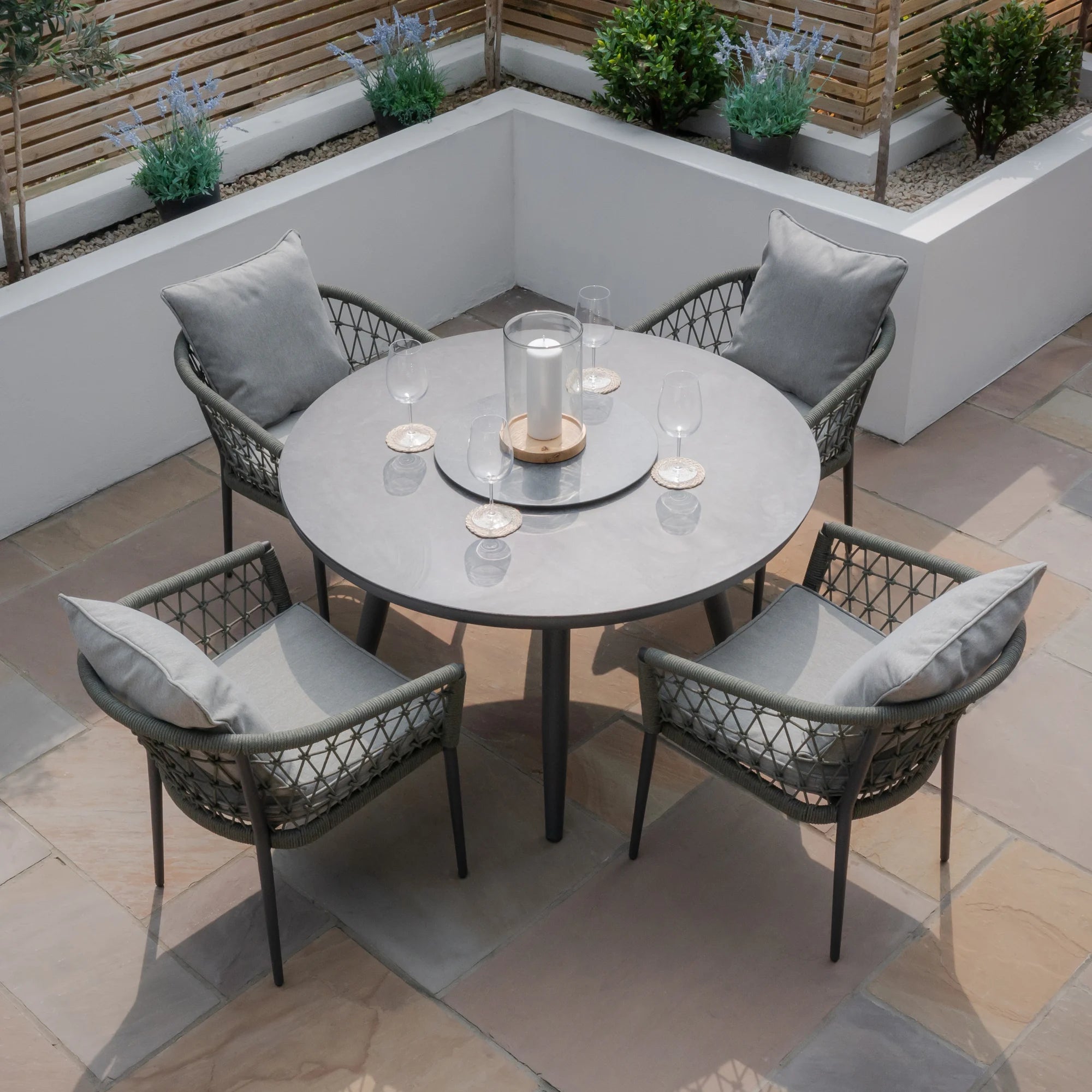 Monaco Ivy Green Round Outdoor Dining Set with Lazy Susan | 4 Seater