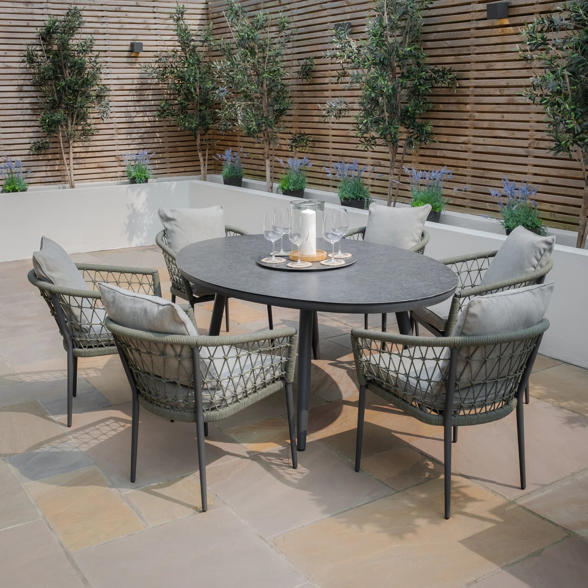 Monaco Ivy Green Oval Outdoor Dining Set with Lazy Susan | 6 Seater