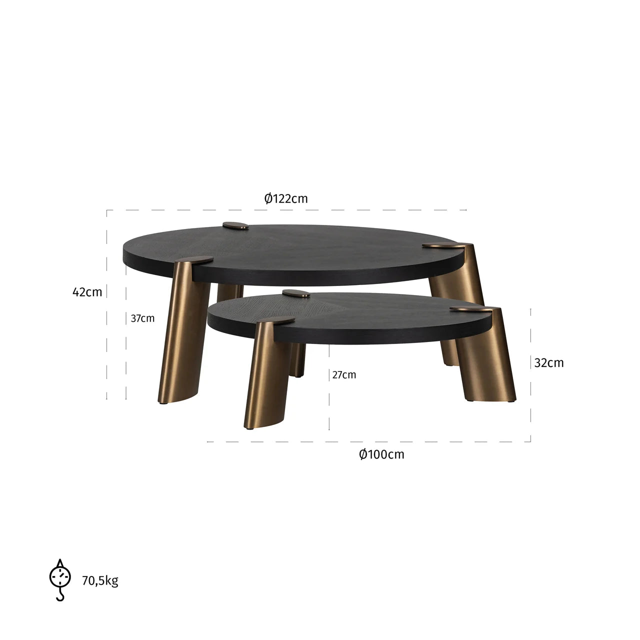 Set of 2 Richmond Interiors Brody Black Oak Wood & Gold Nested Coffee Table