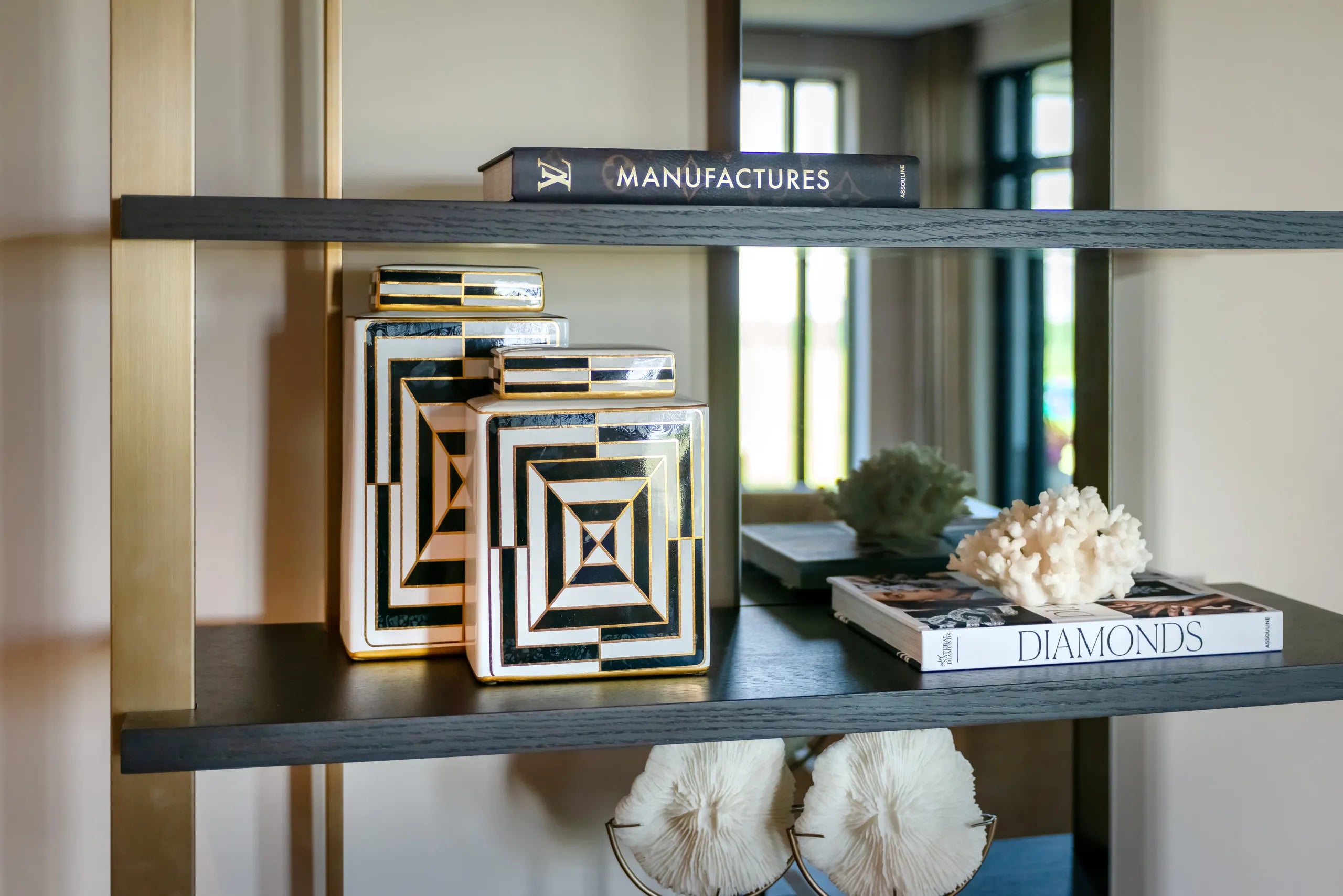 Richmond Interiors Rigley Black & Gold Mirrored Display Unit