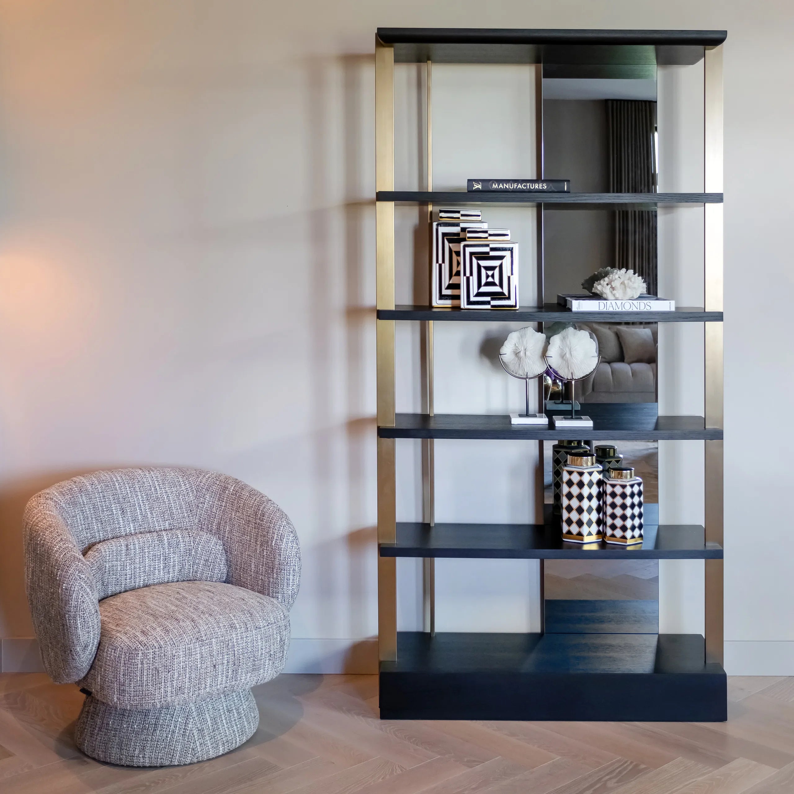 Richmond Interiors Rigley Black & Gold Mirrored Display Unit - CLEARANCE