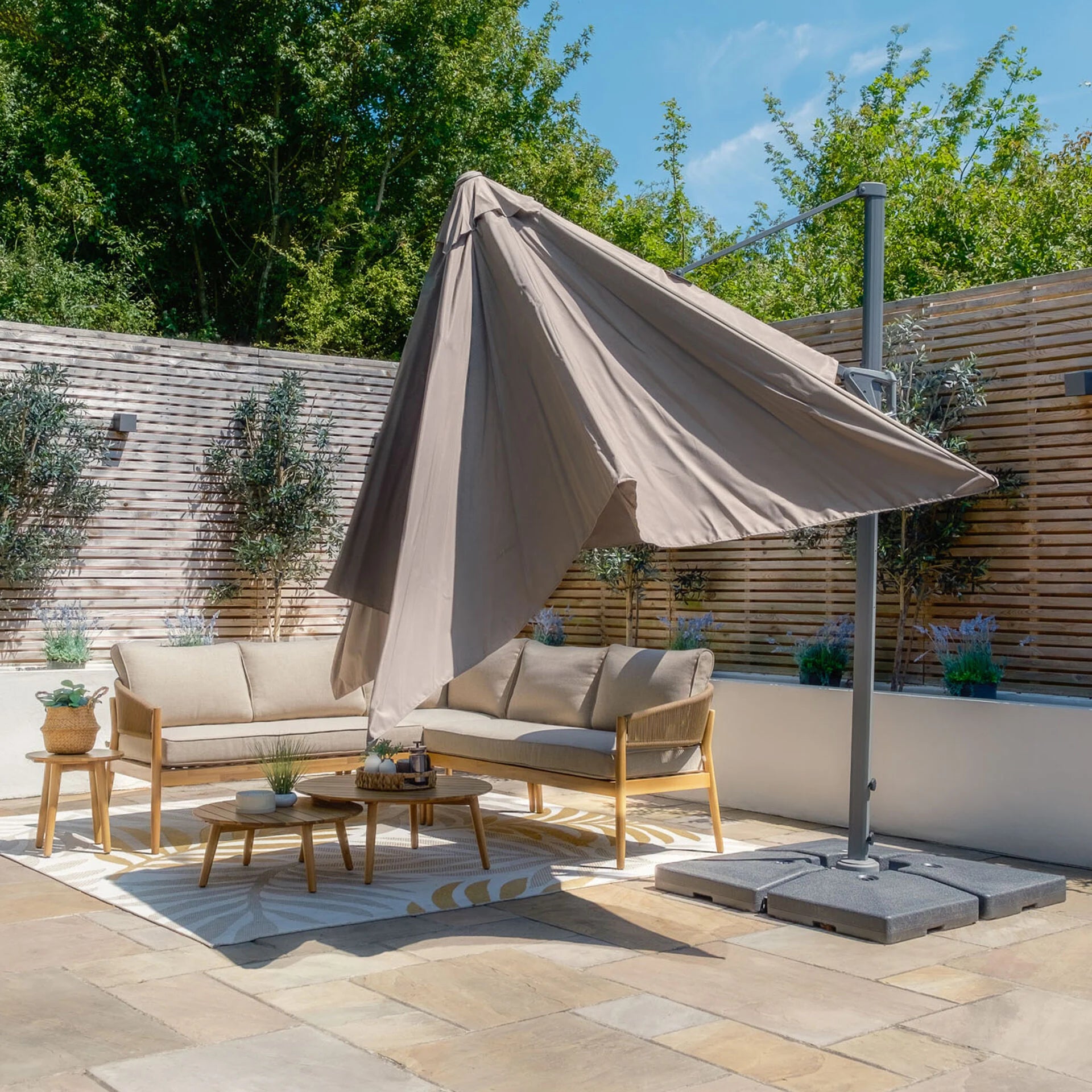 Helios 3m x 3m Square Rotating Cantilever Parasol with Base - Clay Beige