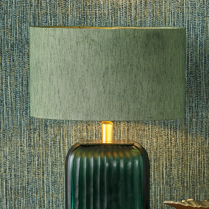 Stellan 40cm Green Slubbed Faux Silk Gold Lined Cylinder Lampshade