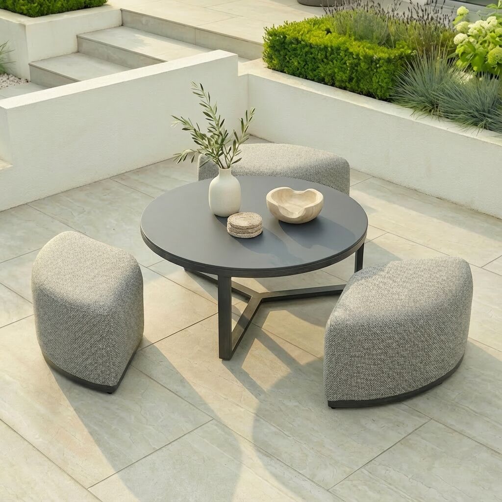 Round Coffee Table with x3 Footstools - Zinc Grey