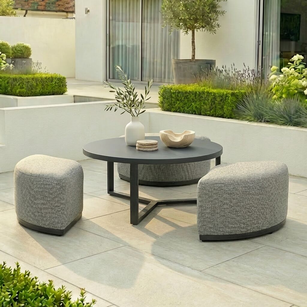 Round Coffee Table with x3 Footstools - Zinc Grey