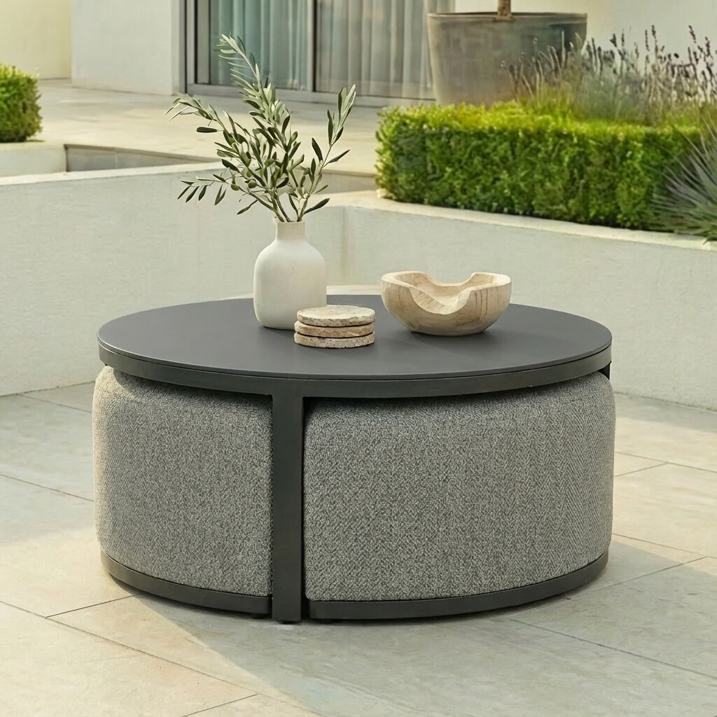 Round Coffee Table with x3 Footstools - Zinc Grey