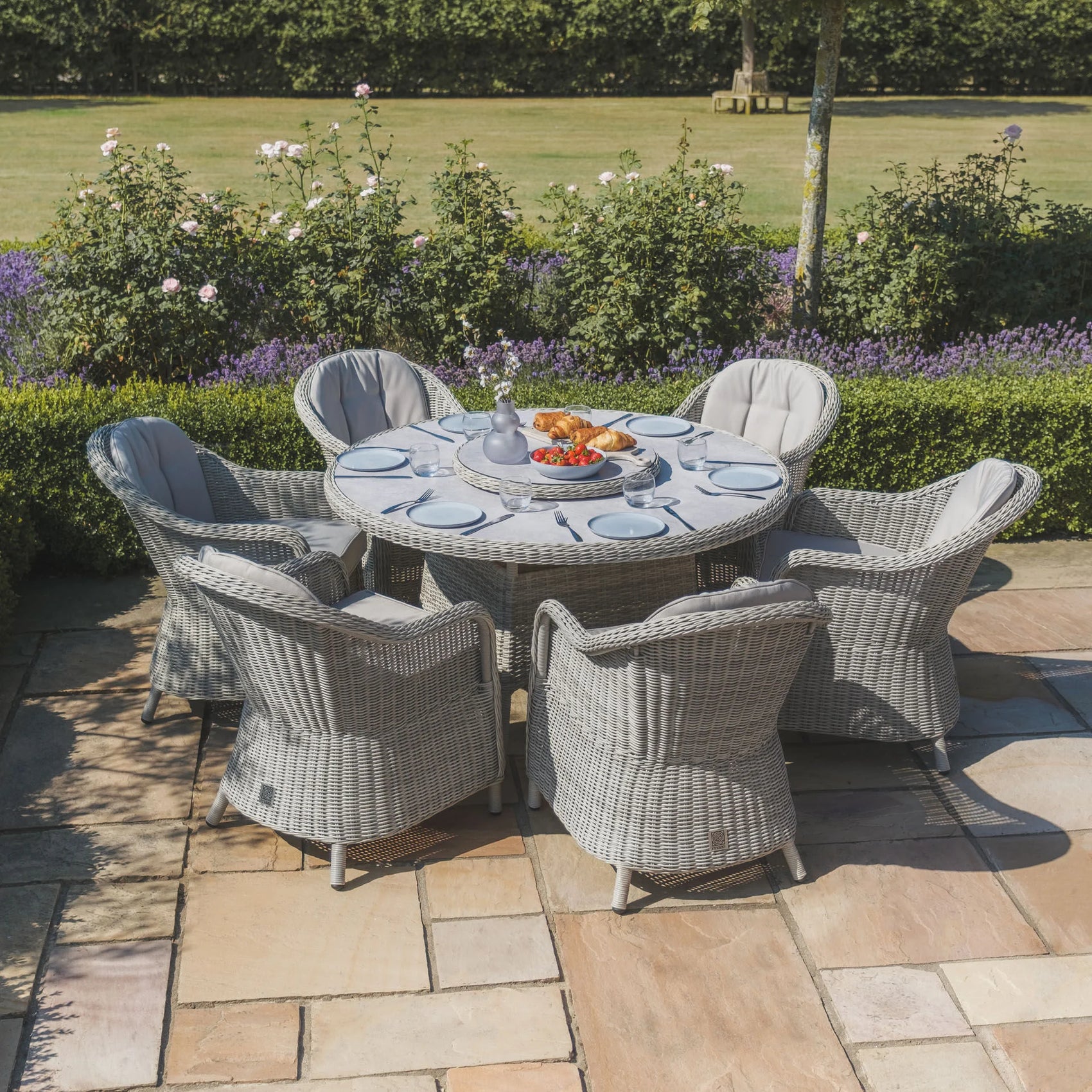 Oxford 6 Seater Round Dining Set with Heritage Chairs & Lazy Susan - Ceramic Glass