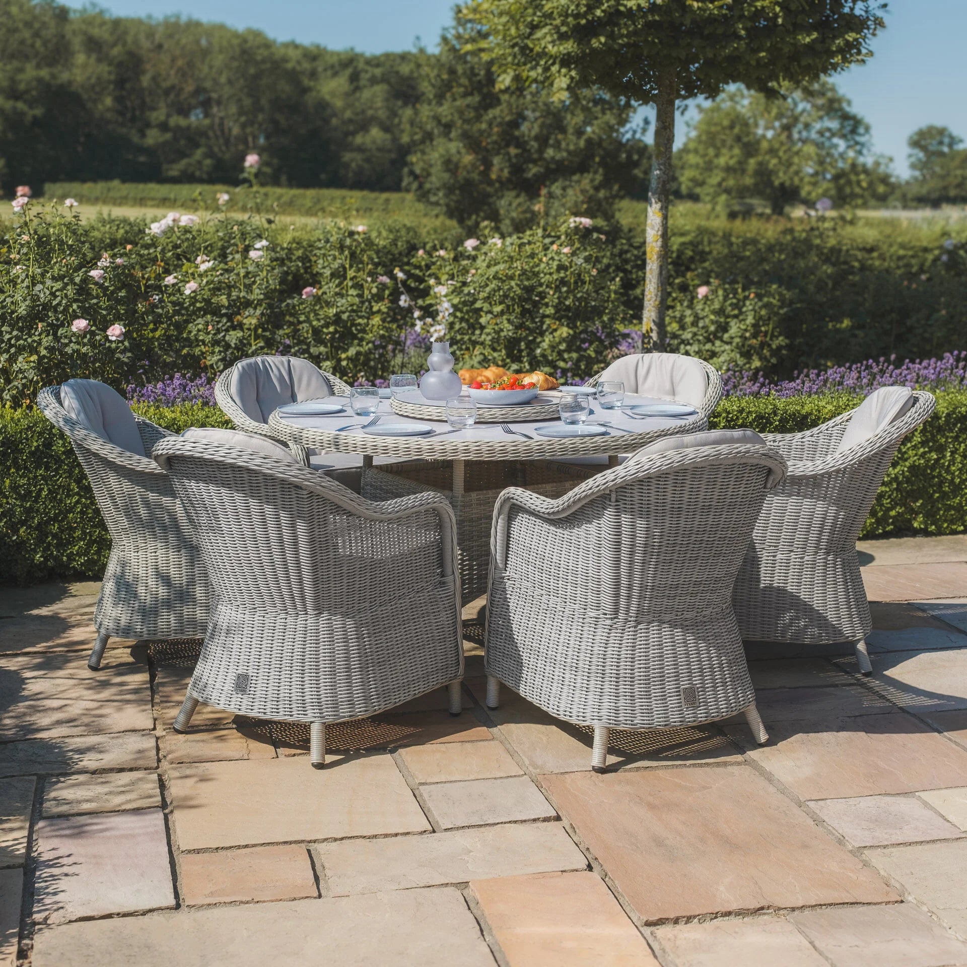 Oxford 6 Seater Round Dining Set with Heritage Chairs & Lazy Susan - Ceramic Glass