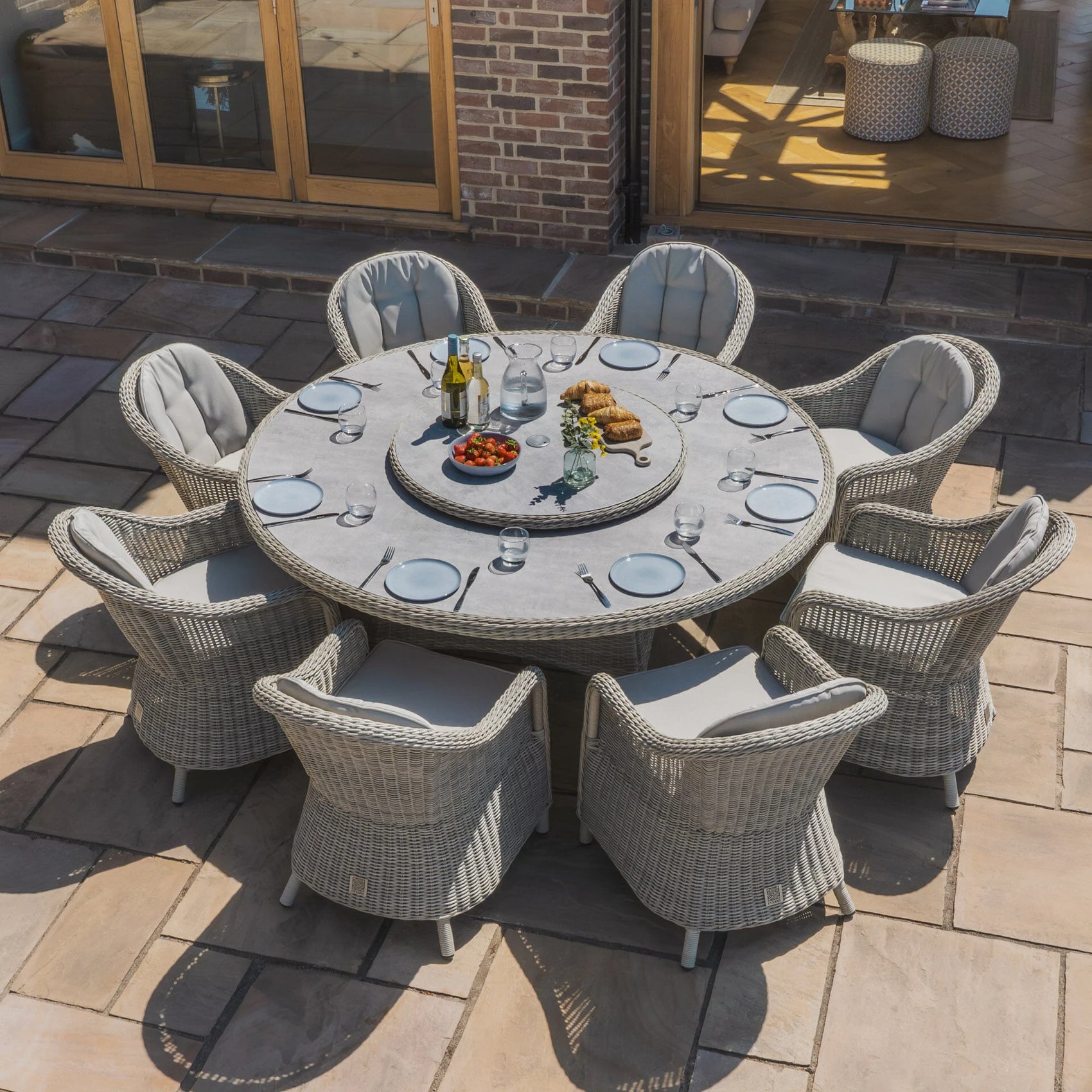 Oxford 8 Seater Round Dining Set with Heritage Chairs & Lazy Susan - Ceramic Glass