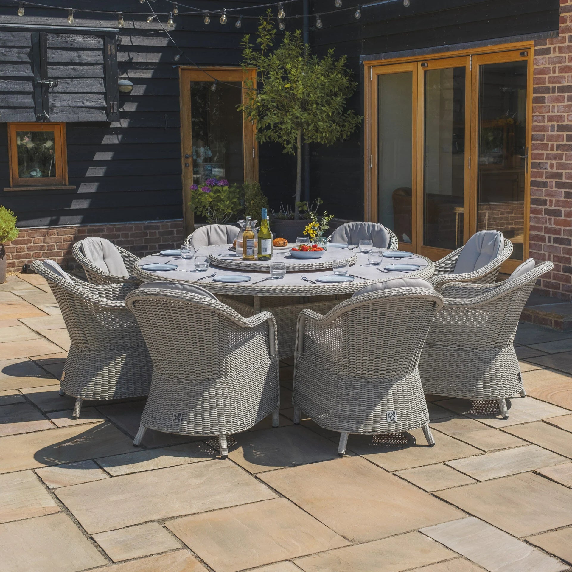 Oxford 8 Seater Round Dining Set with Heritage Chairs & Lazy Susan - Ceramic Glass