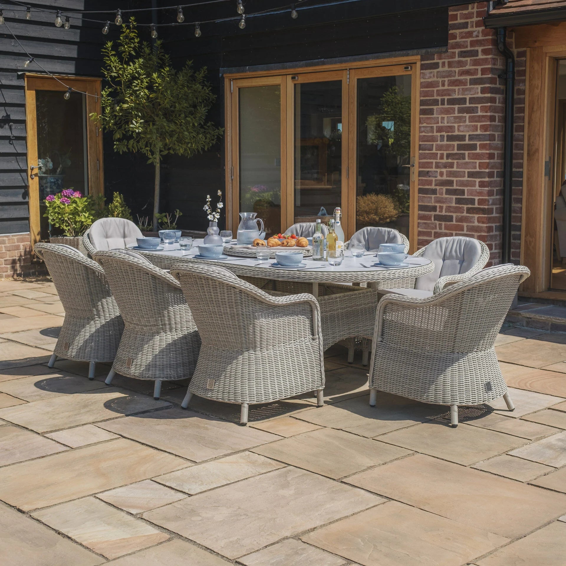 Oxford 8 Seater Oval Dining Set with Heritage Chairs & Lazy Susan - Ceramic Glass