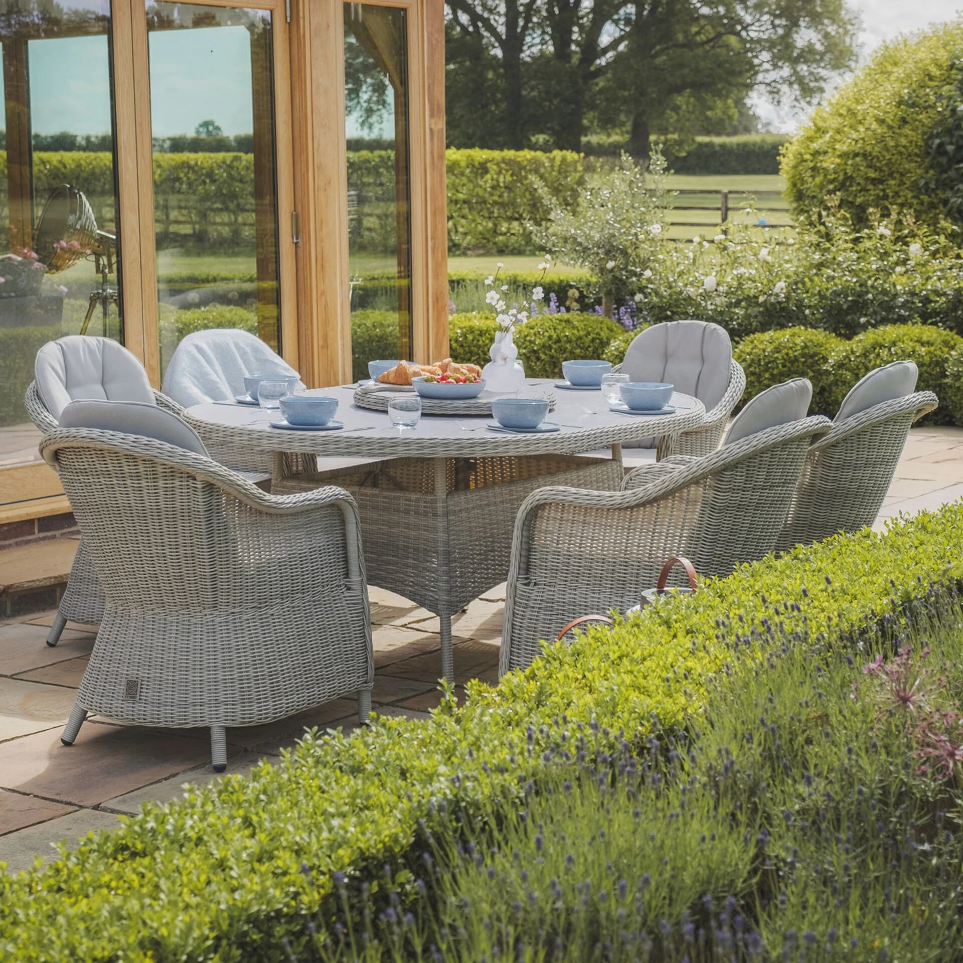 Oxford 6 Seater Oval Dining Set with Heritage Chairs & Lazy Susan - Ceramic Glass