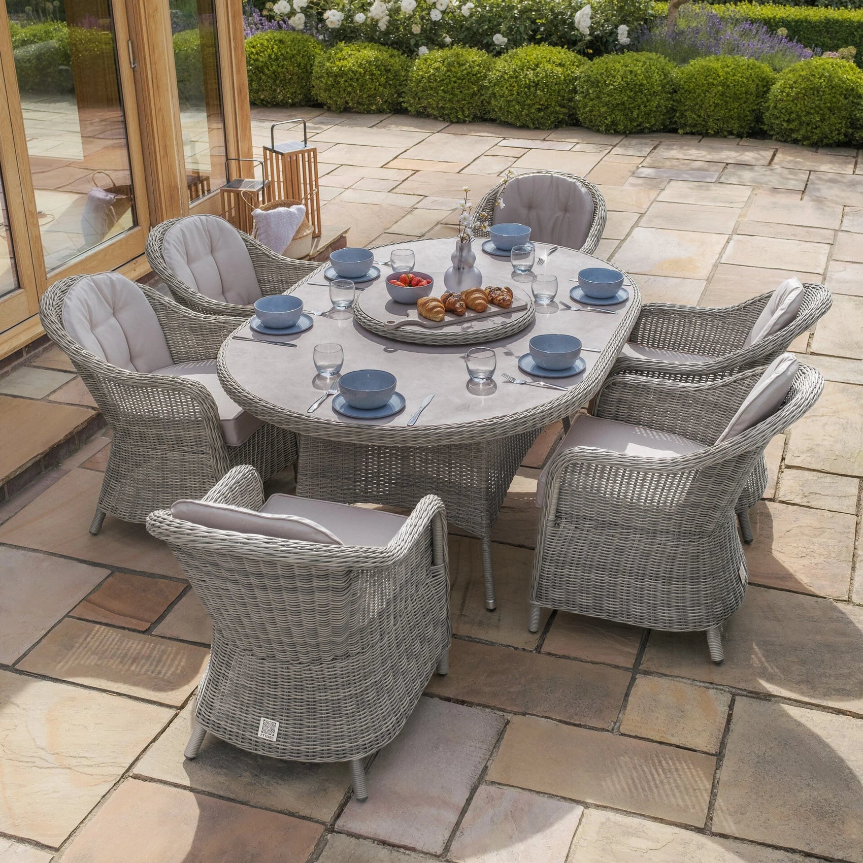 Oxford 6 Seater Oval Dining Set with Heritage Chairs & Lazy Susan - Ceramic Glass