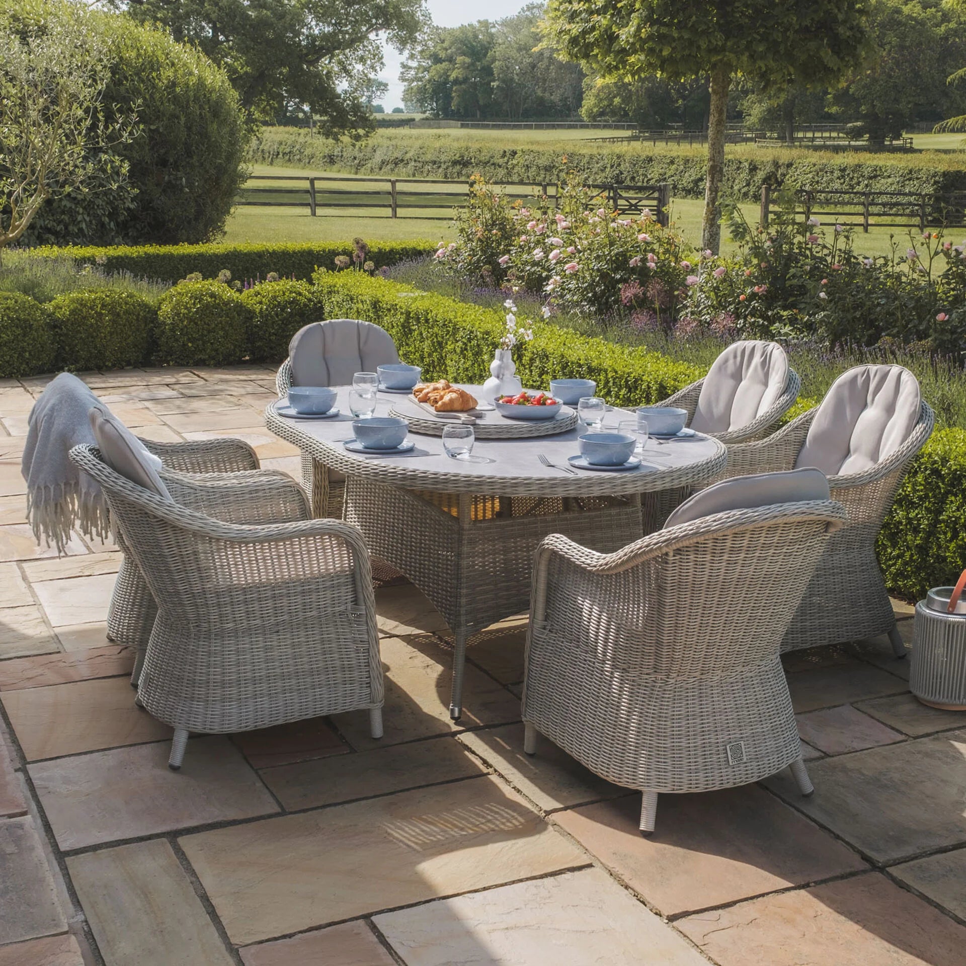 Oxford 6 Seater Oval Dining Set with Heritage Chairs & Lazy Susan - Ceramic Glass