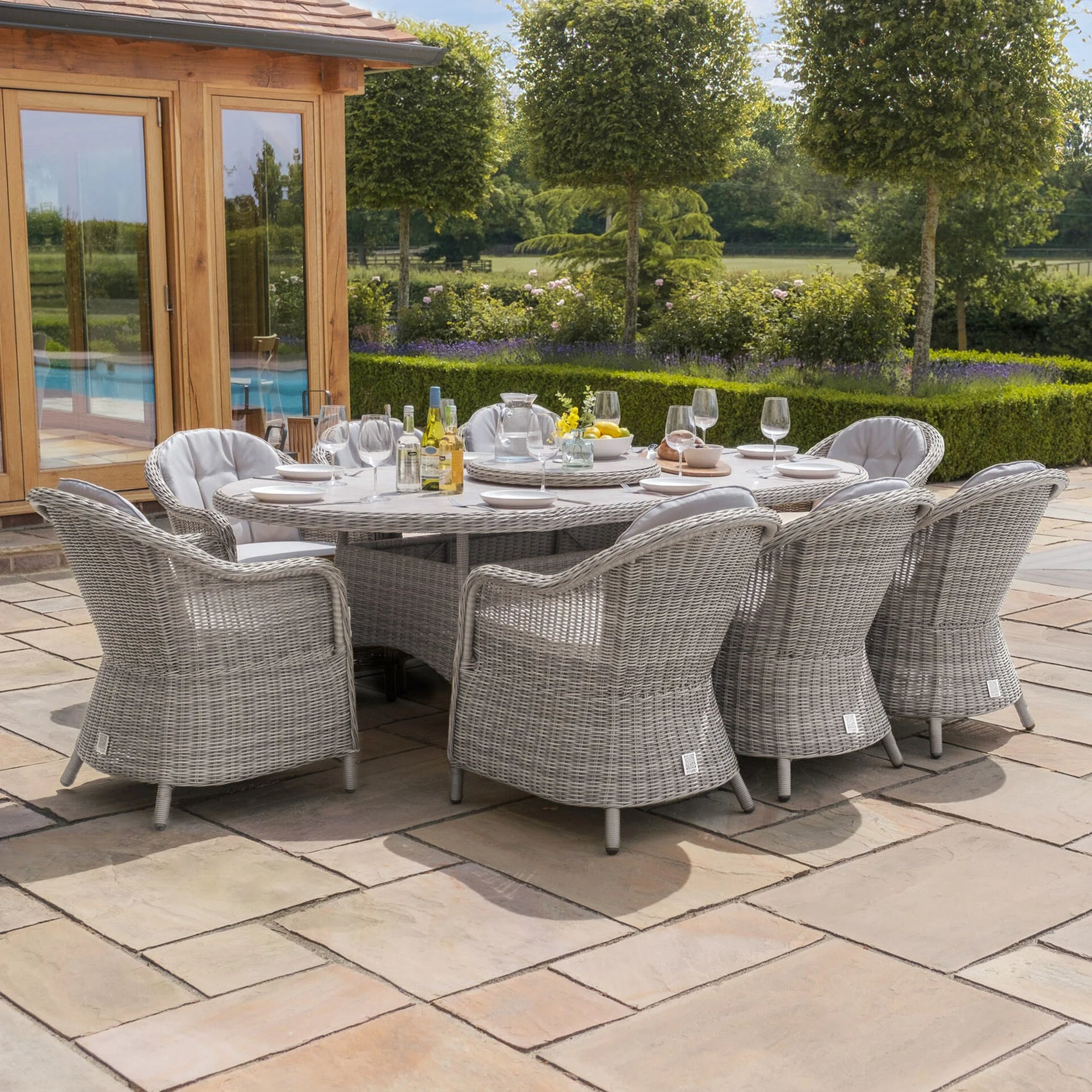 Oxford 8 Seater Oval Dining Set with Heritage Chairs & Lazy Susan - Ceramic Glass