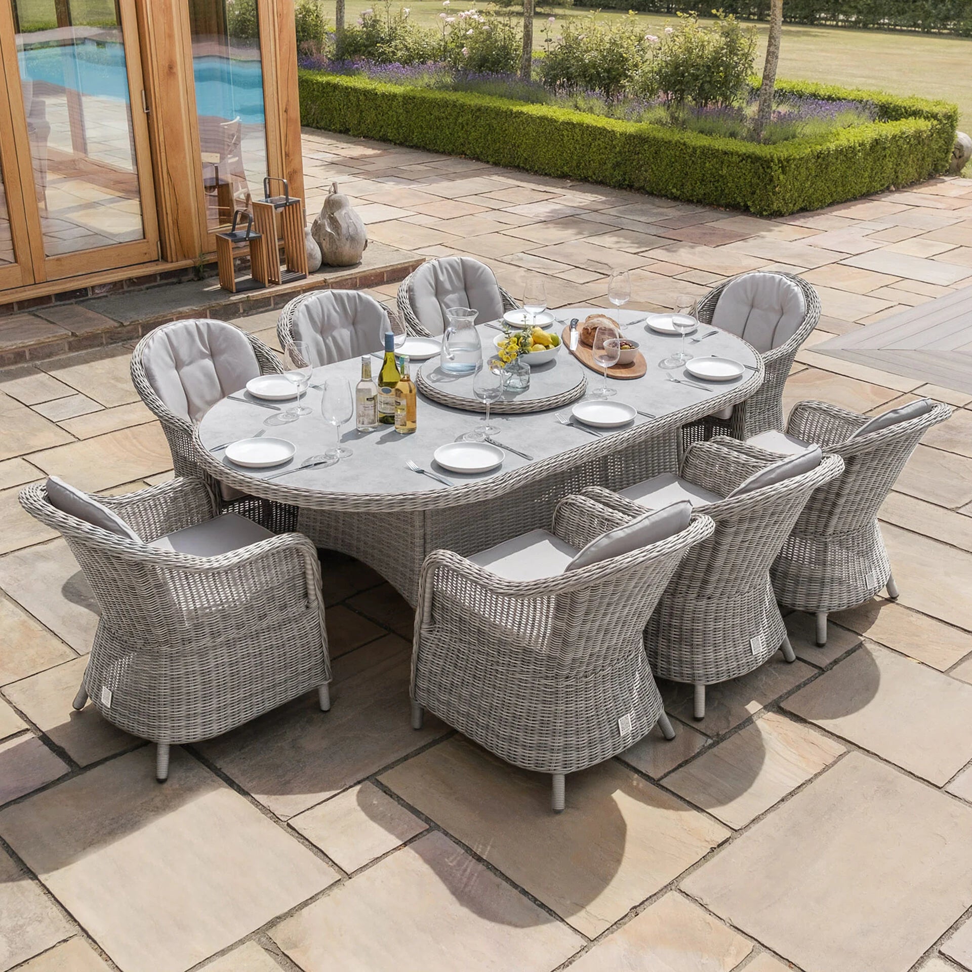 Oxford 8 Seater Oval Dining Set with Heritage Chairs & Lazy Susan - Ceramic Glass