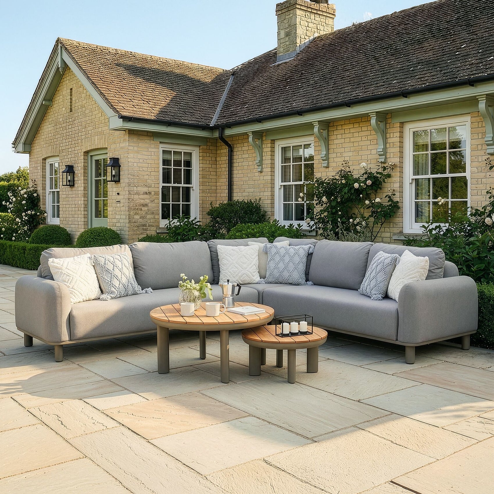 Sicily Corner Sofa Set with 2 x Round Coffee Table - Café