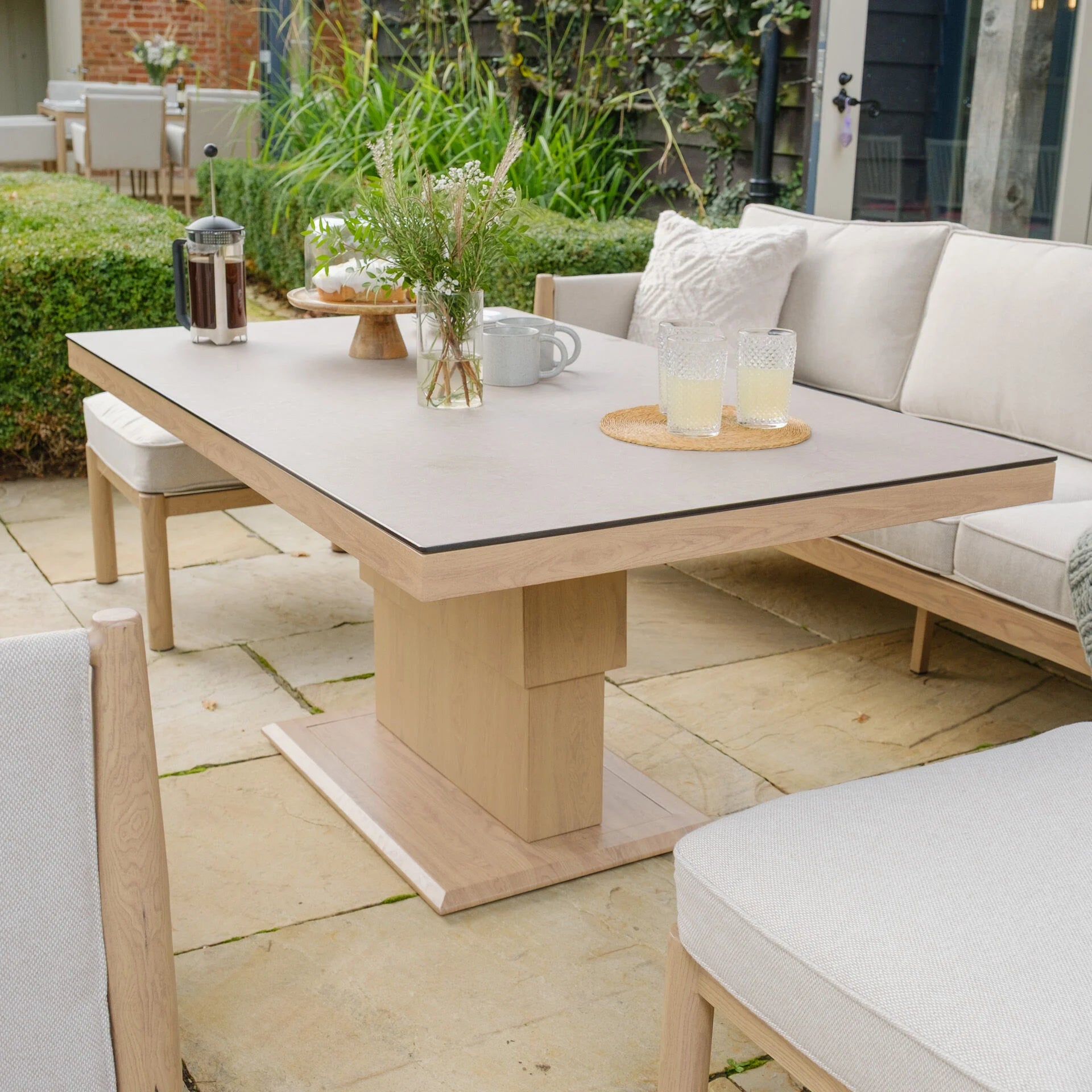 Burford 3 Seater Sofa Dining Set with Rising Table - with Seasonsure Cushions - Almond