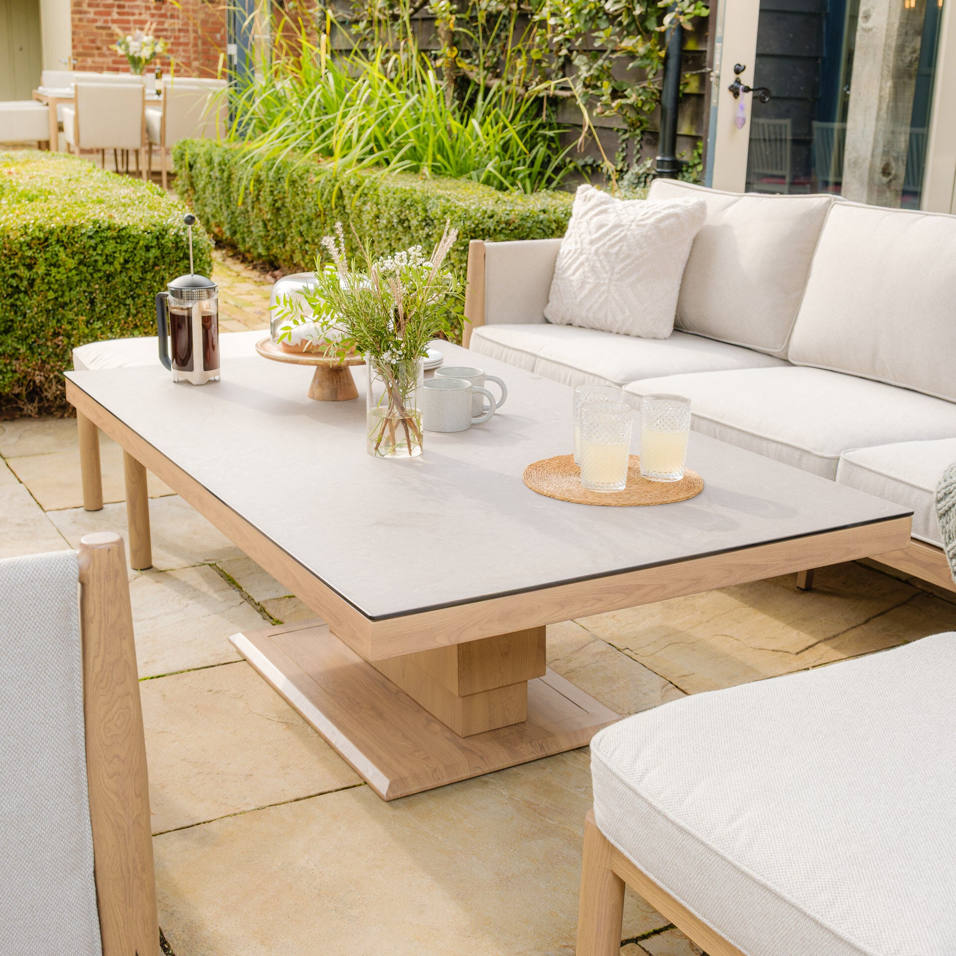 Burford 3 Seater Sofa Dining Set with Rising Table - with Seasonsure Cushions - Almond