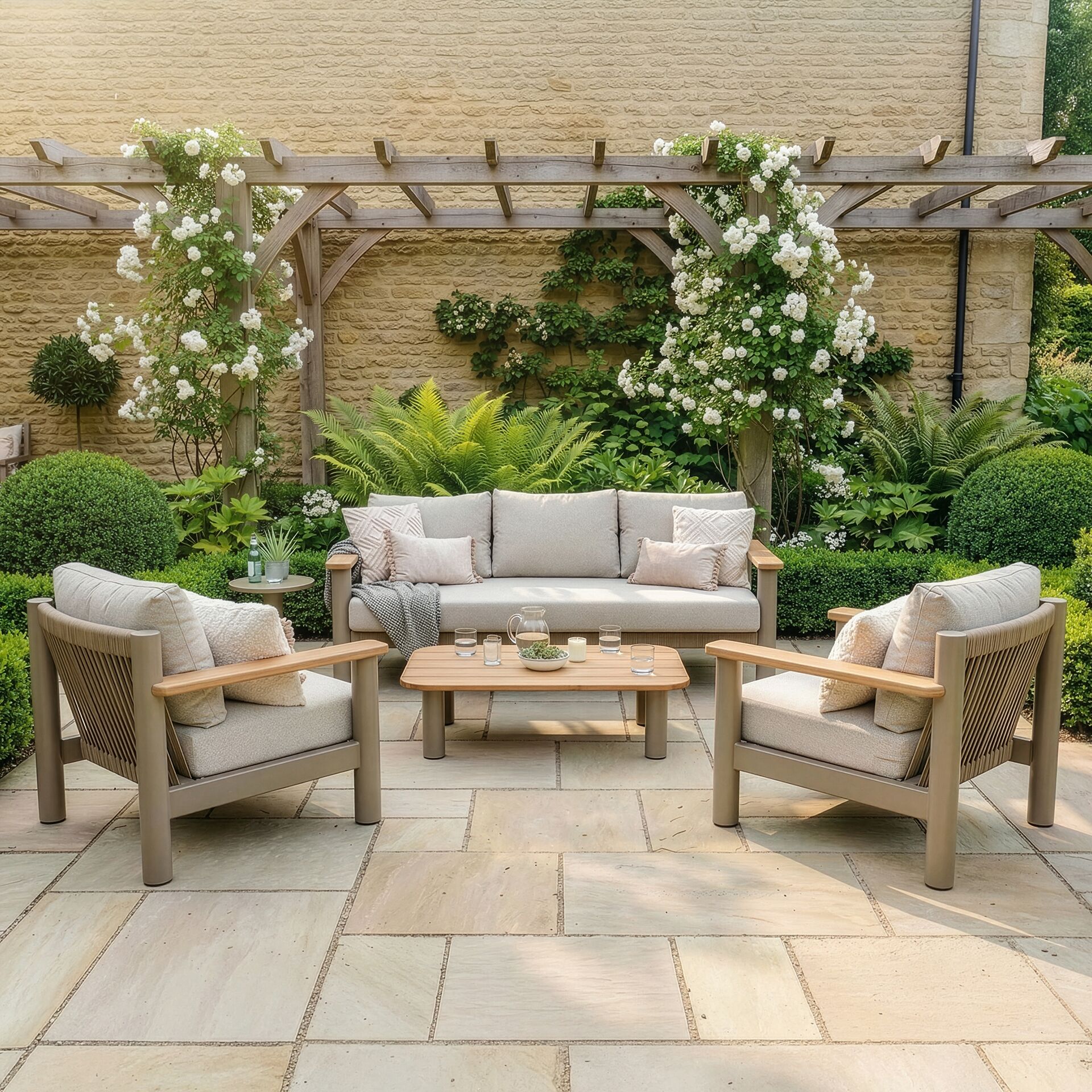 Sicily 3 Seater Sofa & Armchairs Set - Café Frame-Latte Cushions