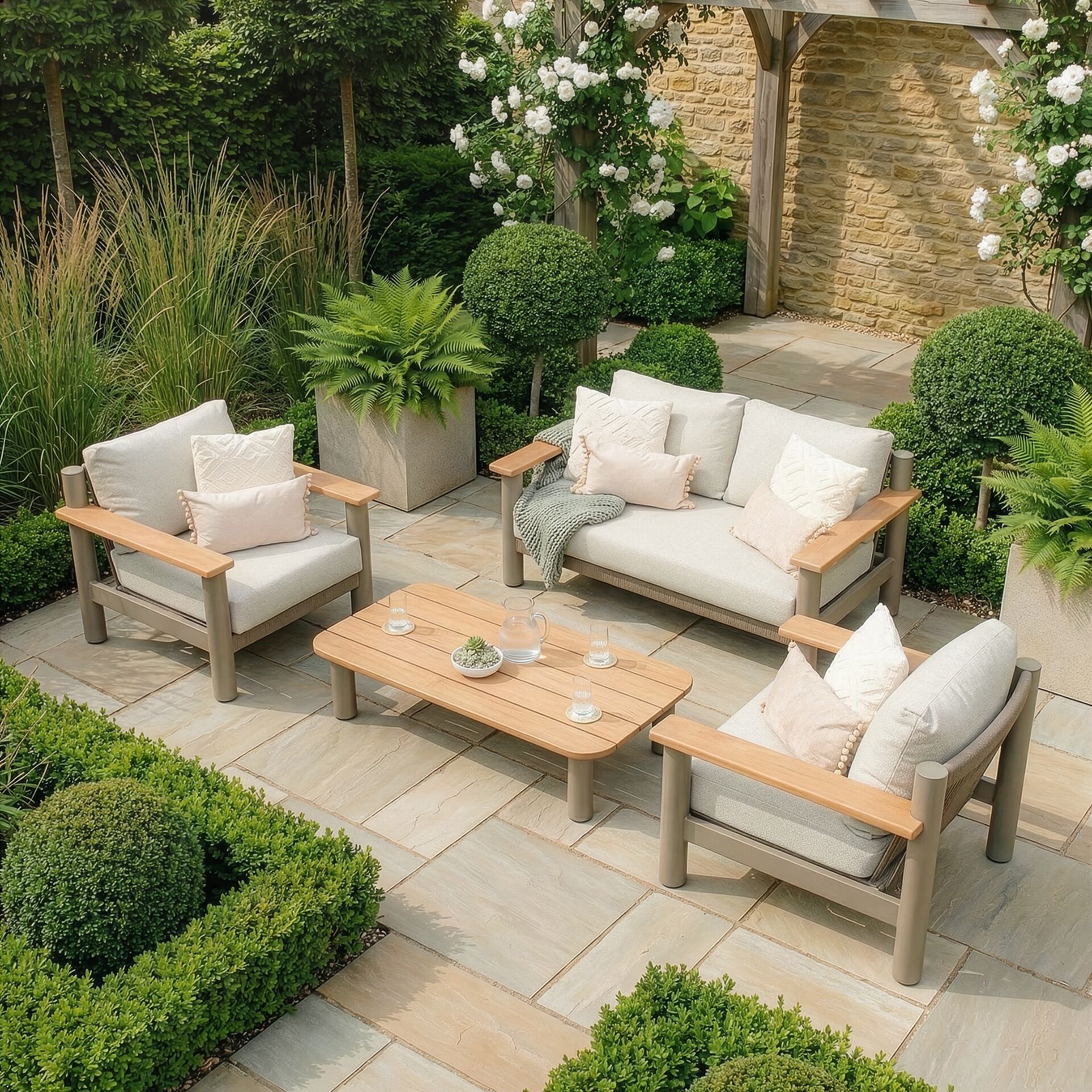 Sicily 2 Seater Sofa & Armchairs Set - Café Frame-Latte Cushions