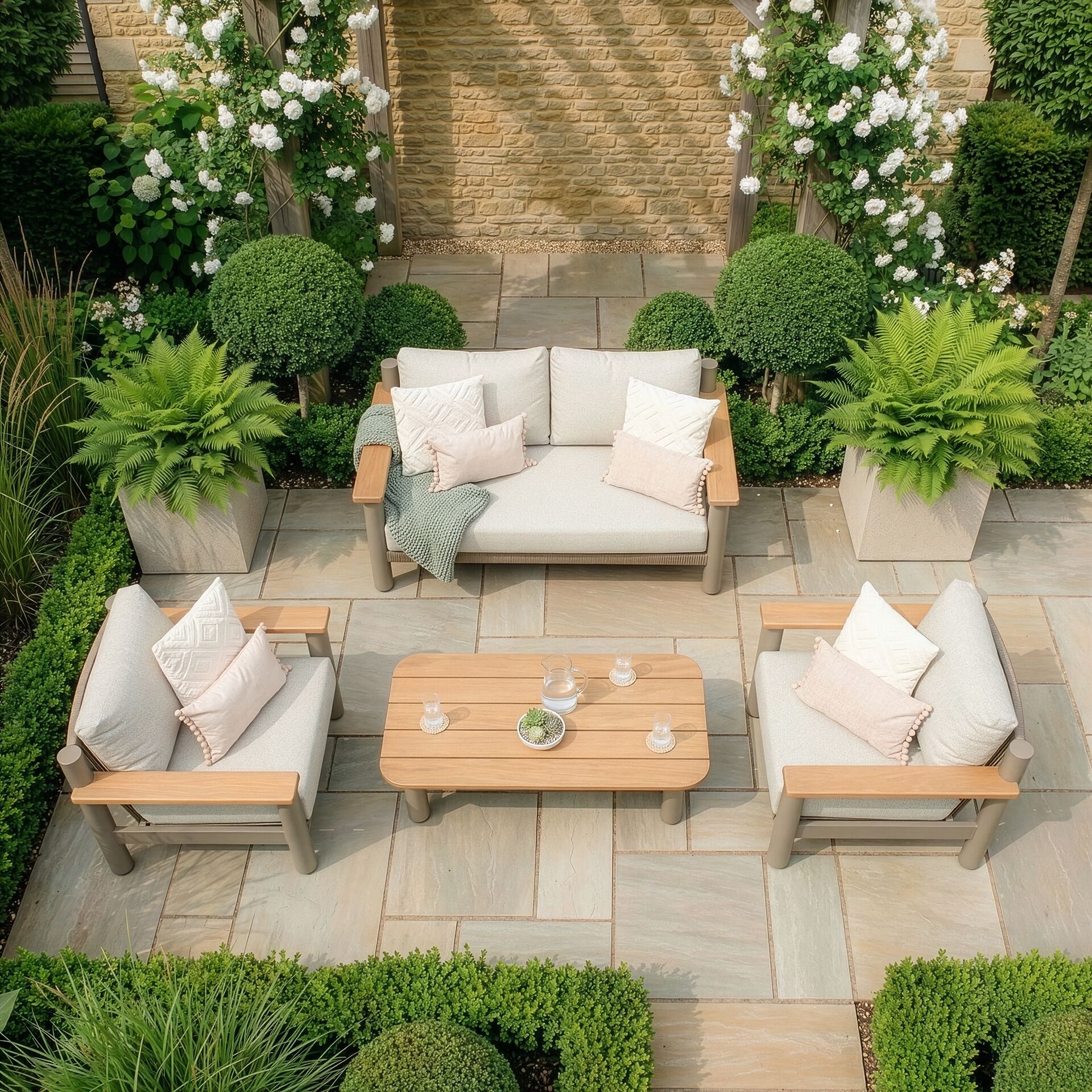 Sicily 2 Seater Sofa & Armchairs Set - Café Frame-Latte Cushions