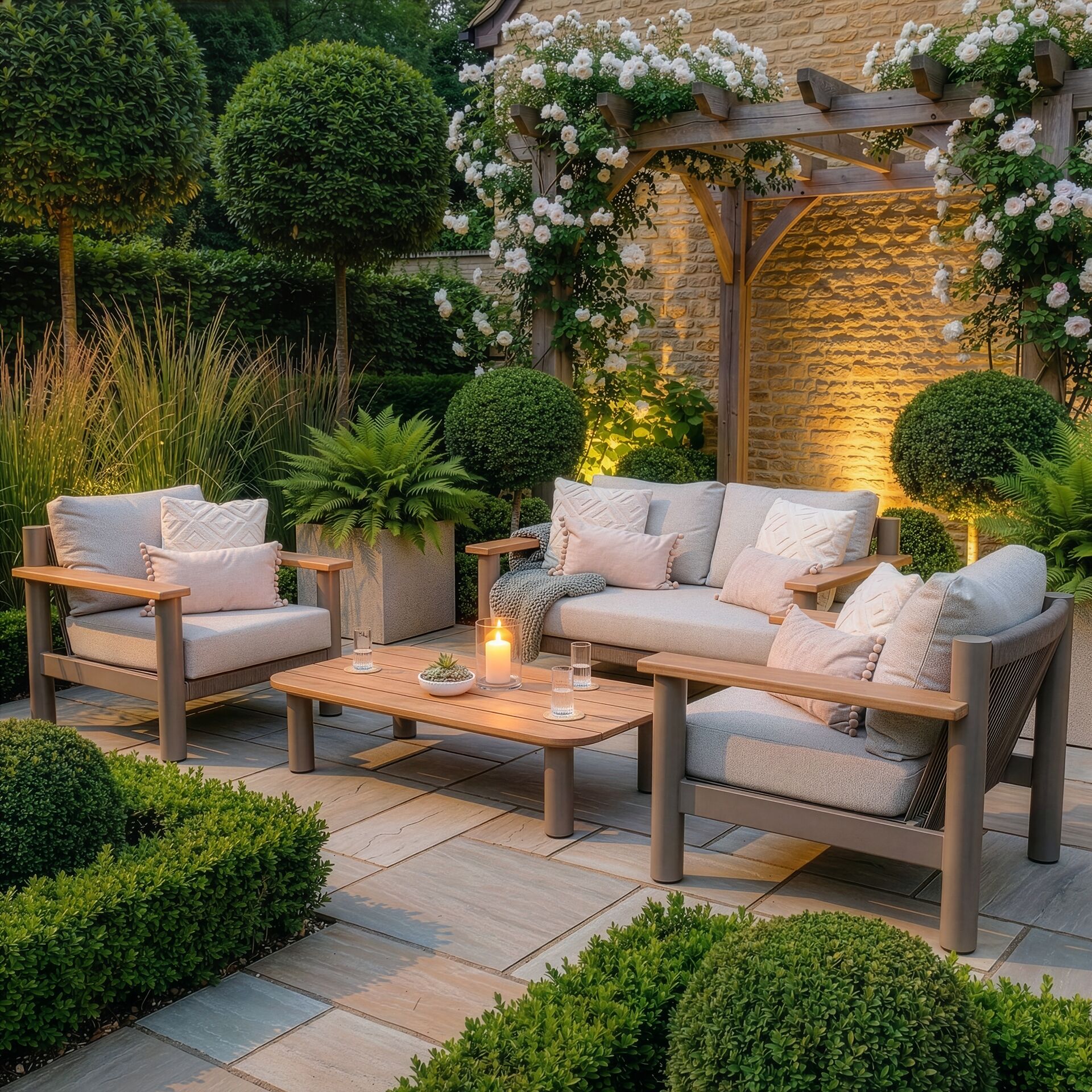 Sicily 2 Seater Sofa & Armchairs Set - Café Frame-Latte Cushions