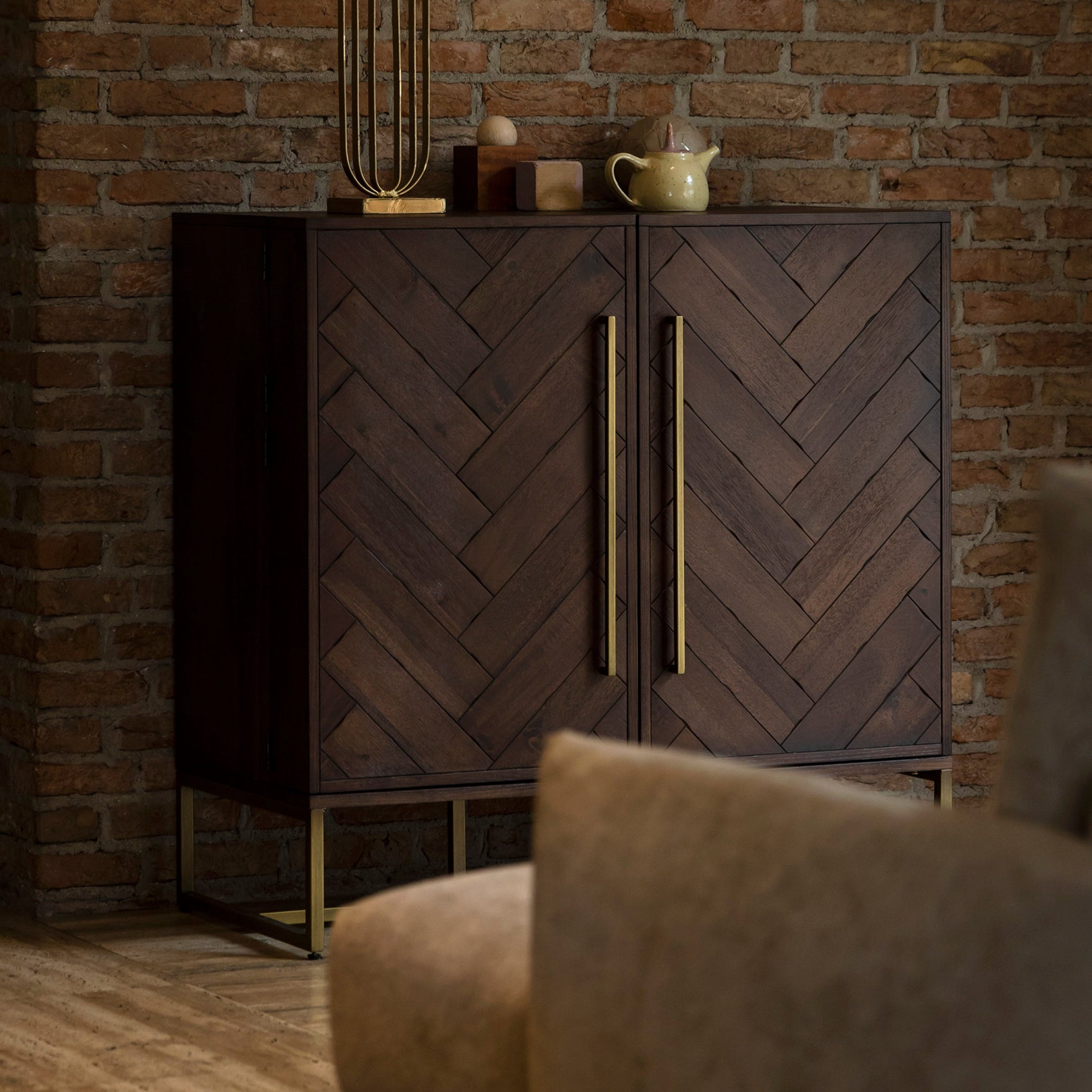 Dutchbone Class Herringbone Brown Acacia Wood Drinks Cabinet