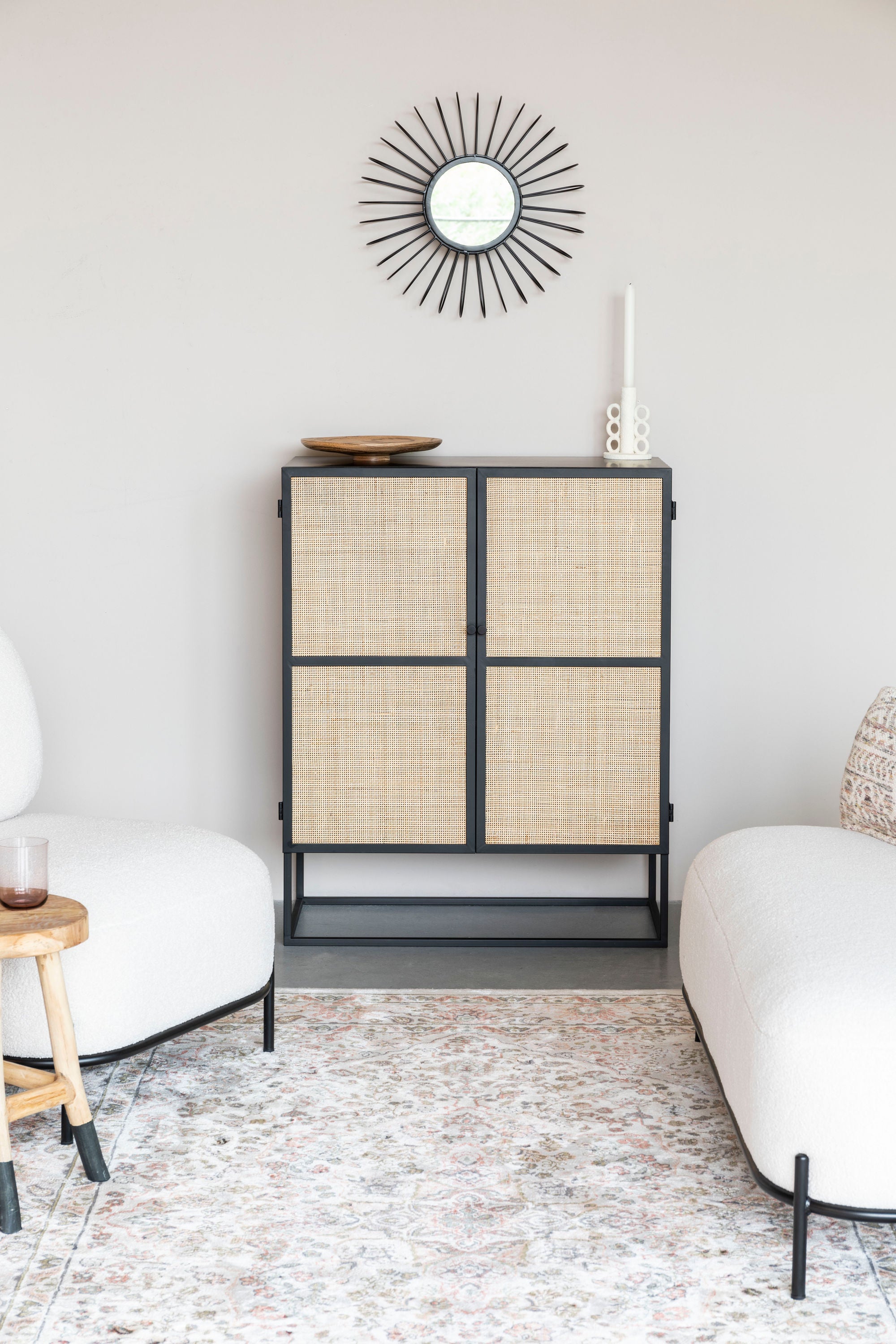 Guuji Black Wood & Natural Rattan Low Cabinet | 2 Doors