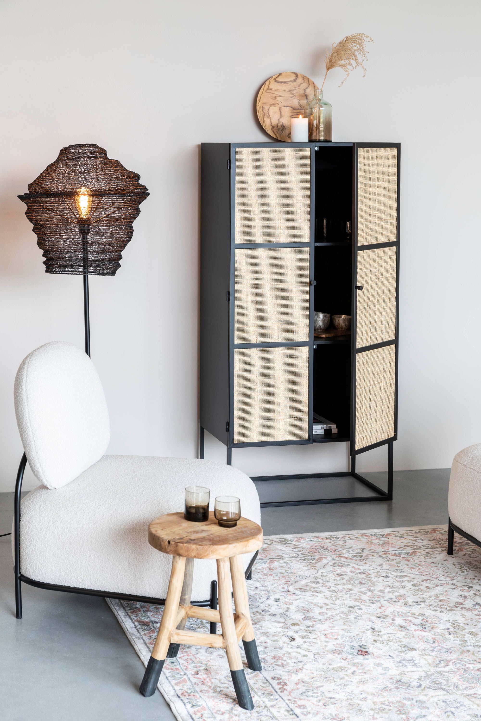 Guuji Black Wood & Natural Rattan High Cabinet | 2 Doors