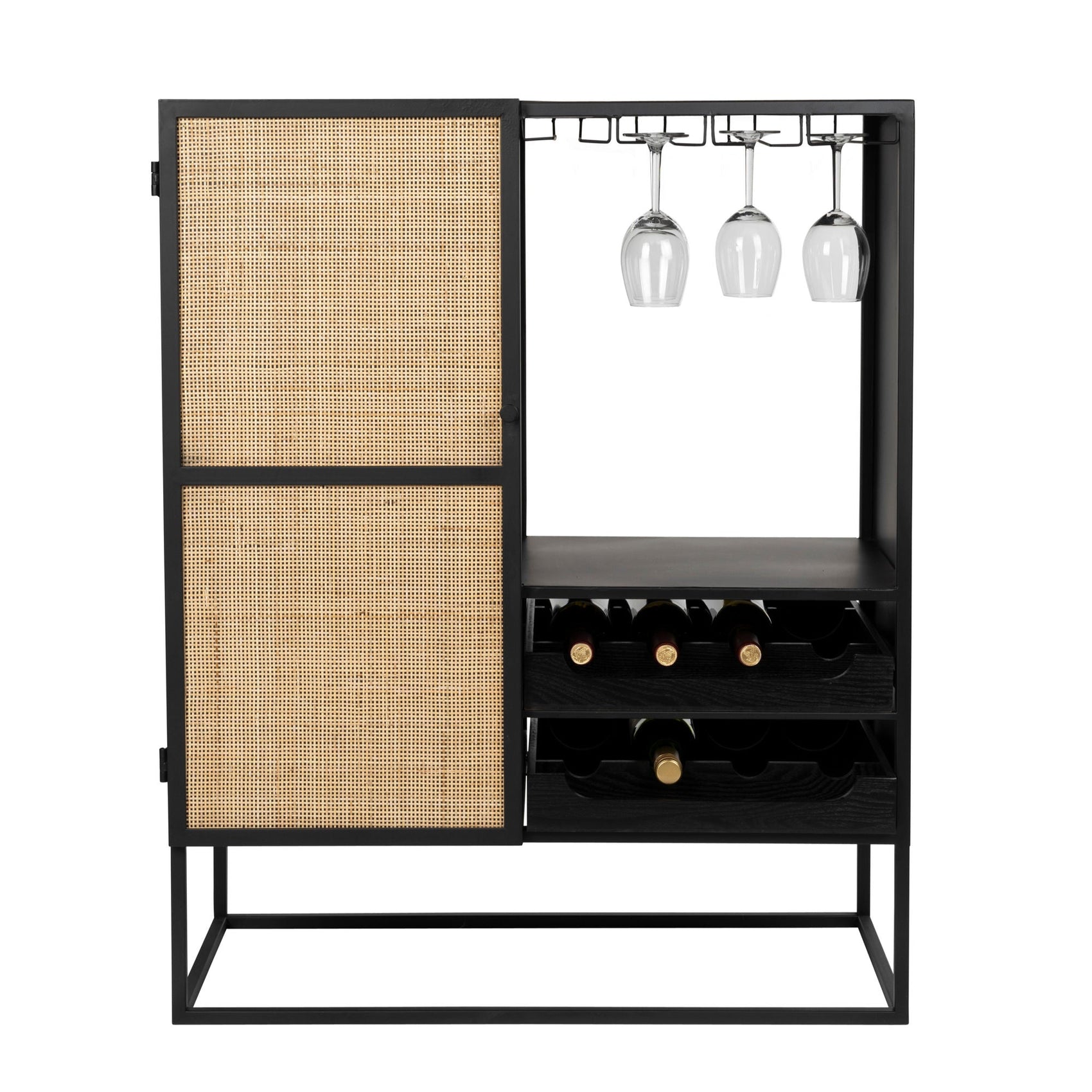 Guuji Black Wood & Natural Rattan Low Drinks Cabinet