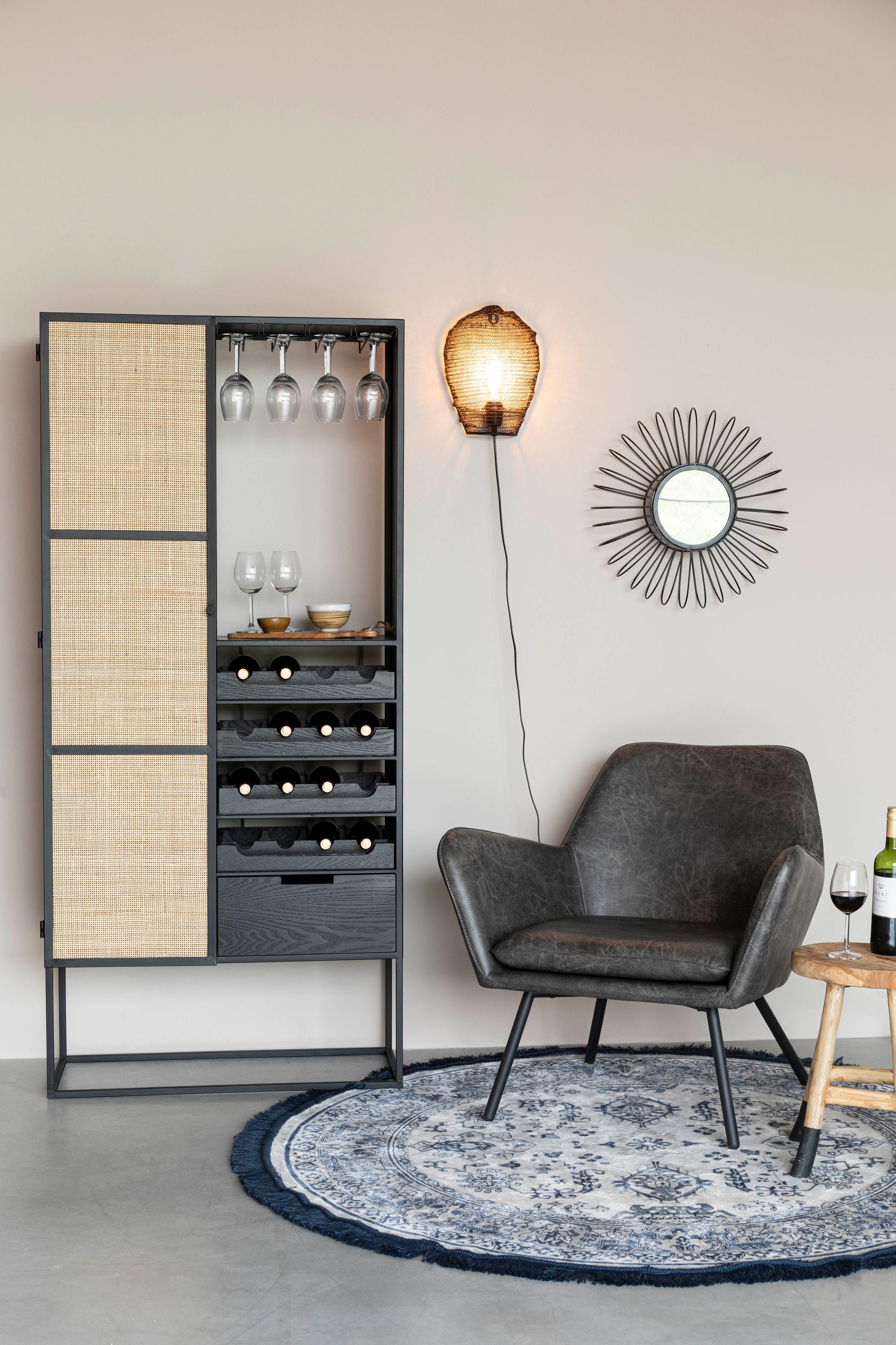 Guuji Black Wood & Natural Rattan High Drinks Cabinet