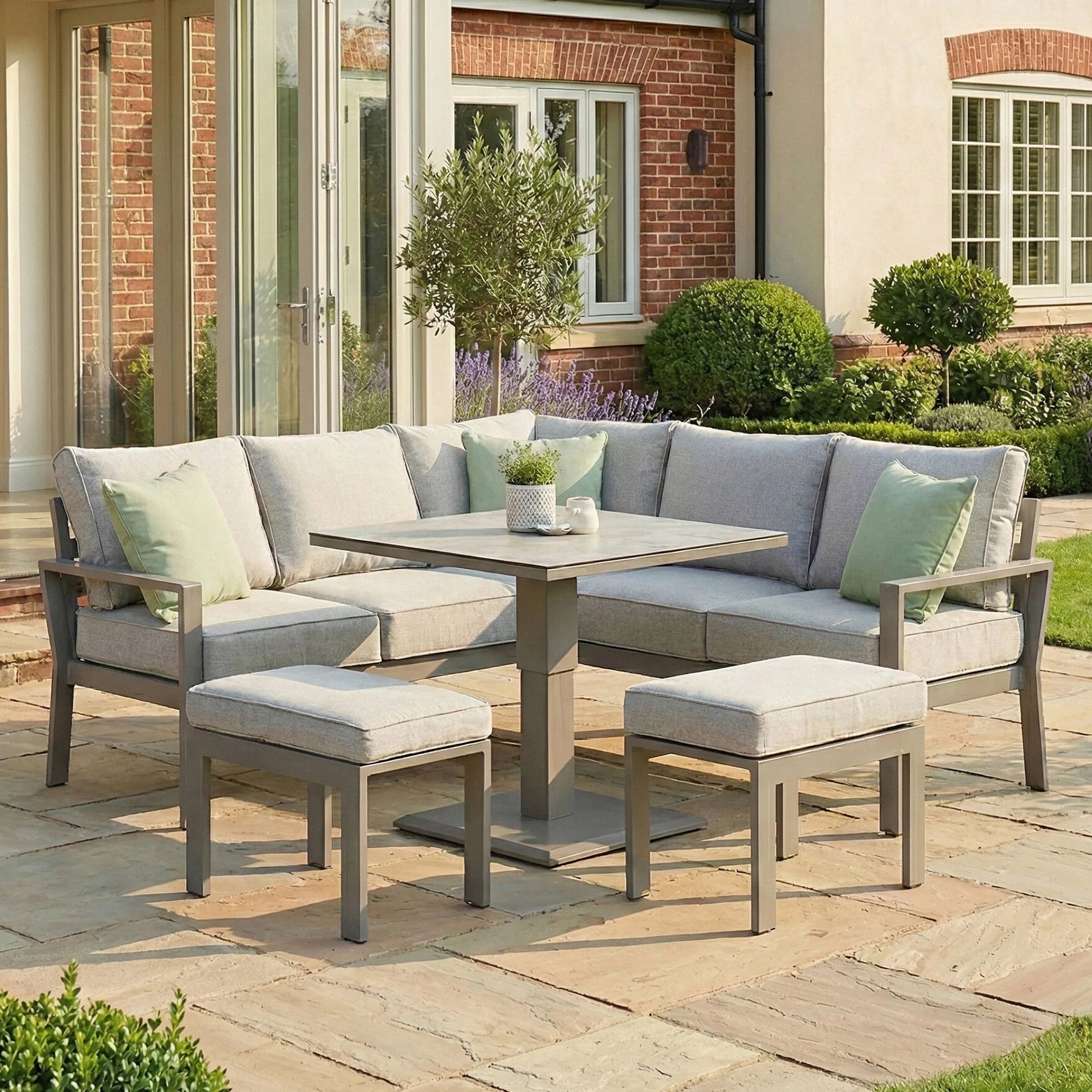 Montreal Small Corner Dining Set with Square Rising Table - Cool Linen