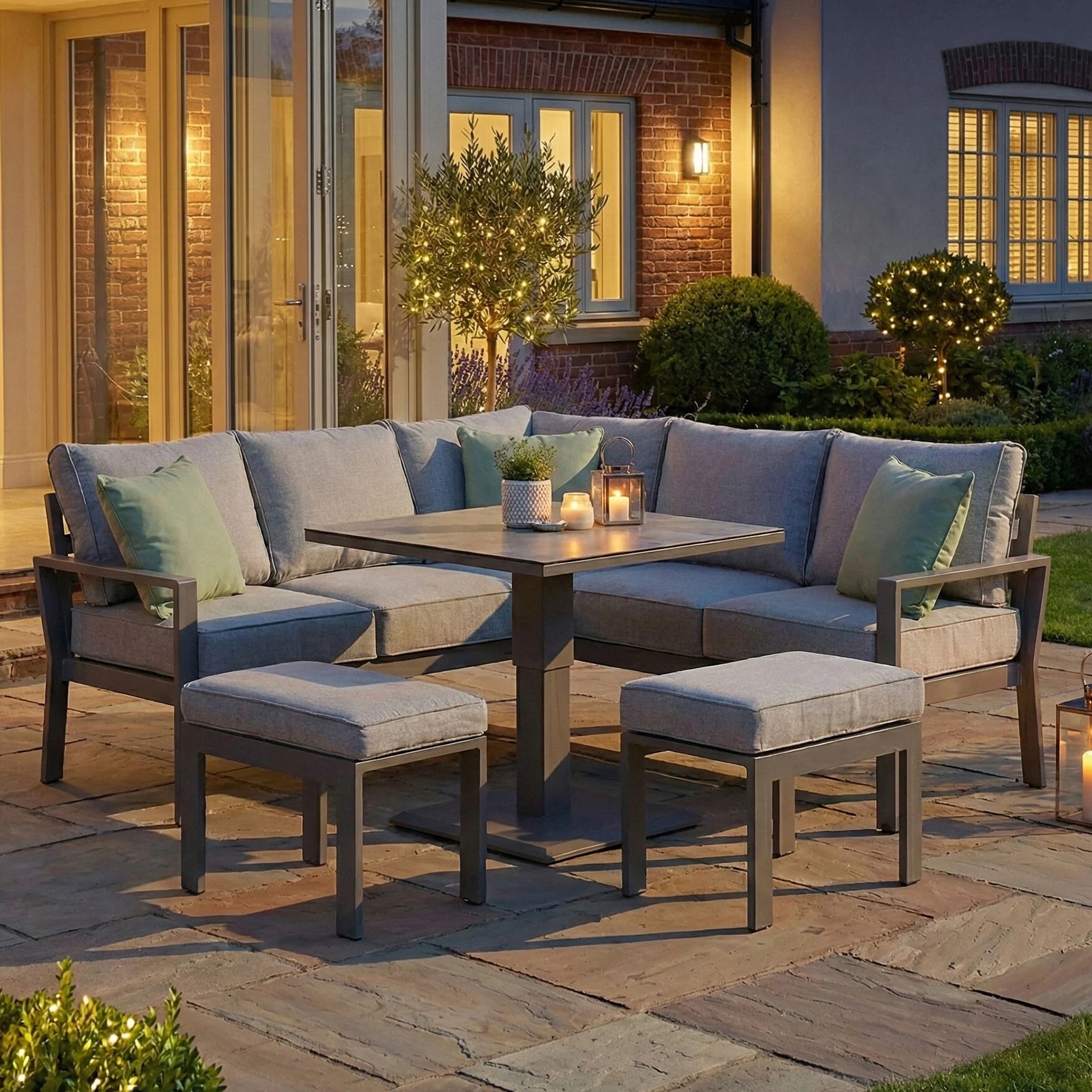 Montreal Small Corner Dining Set with Square Rising Table - Cool Linen