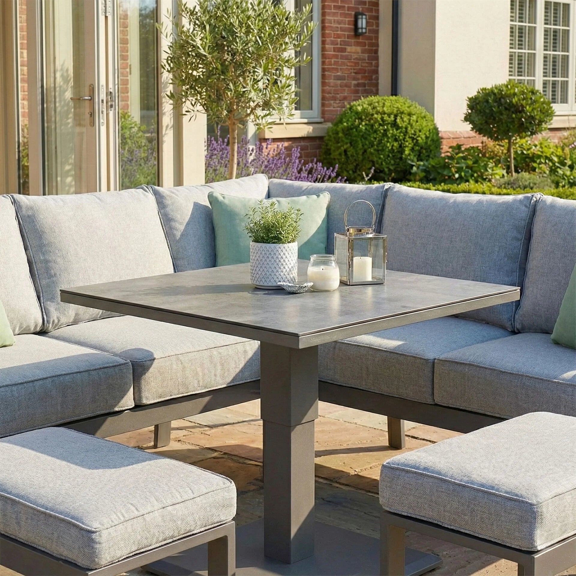 Montreal Small Corner Dining Set with Square Rising Table - Cool Linen