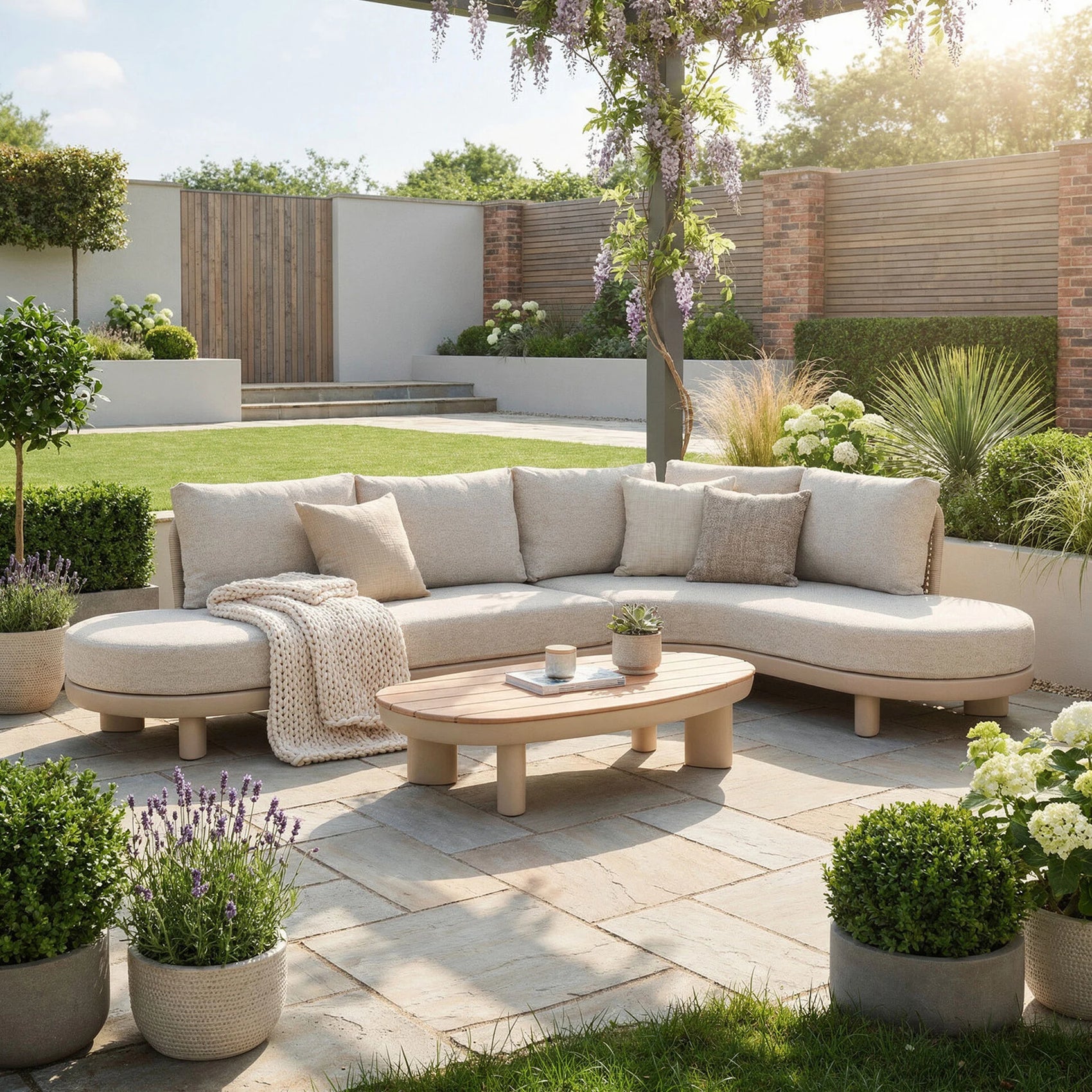 Sicily Curve Corner Sofa Set - Latte Frame- Latte Cushion