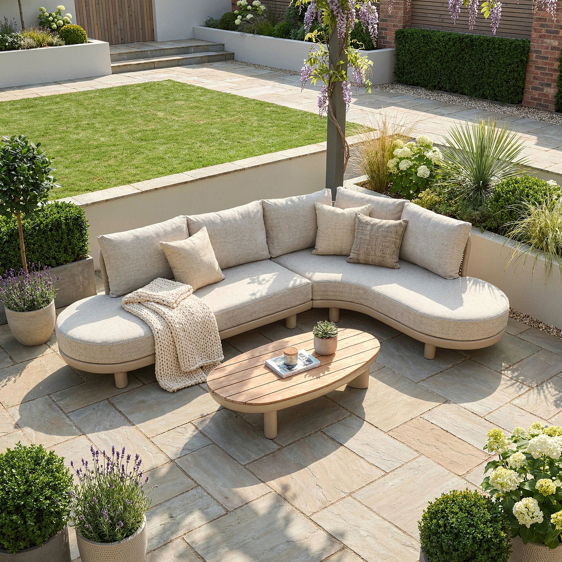 Sicily Curve Corner Sofa Set - Latte Frame- Latte Cushion