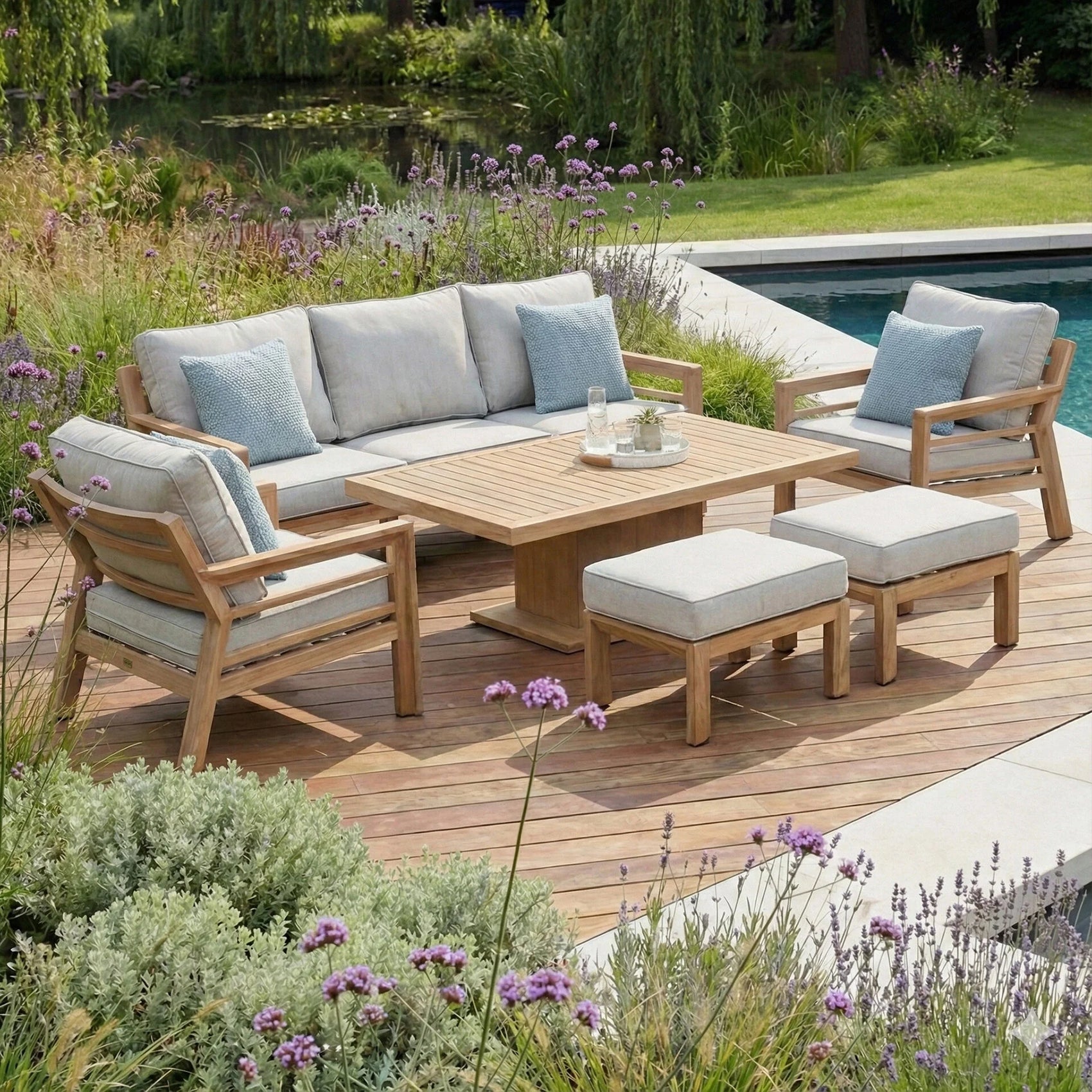 New York 3 Seater Sofa Set with Rising Table - Wood Effect