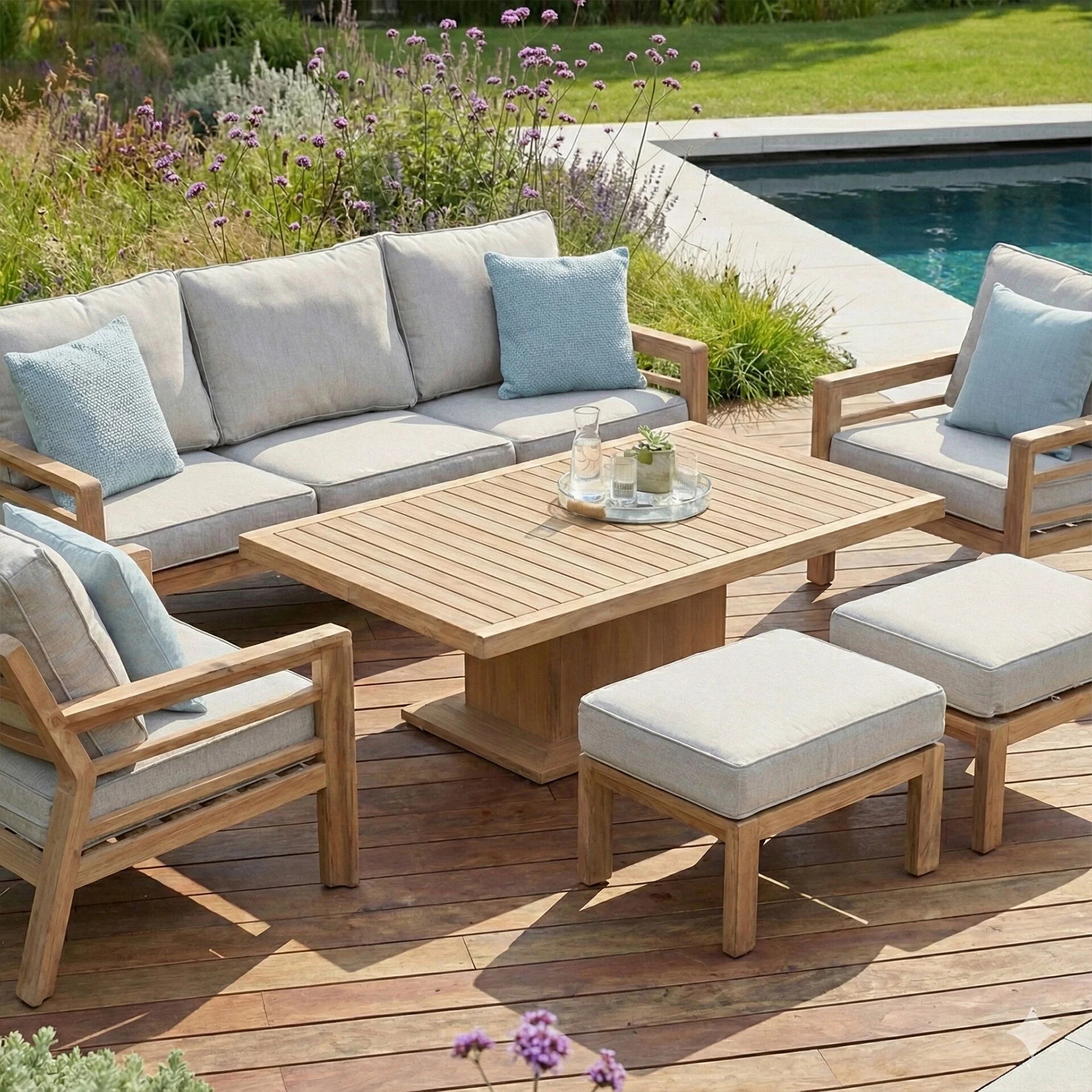 New York 3 Seater Sofa Set with Rising Table - Wood Effect